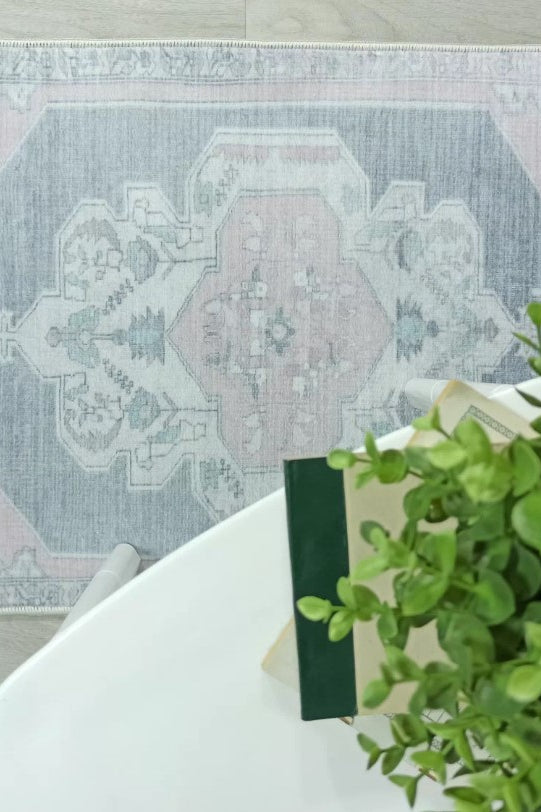 Turkish Rug, Gray Light Pink Ivory Vintage Oushak Geometric Area Rugs