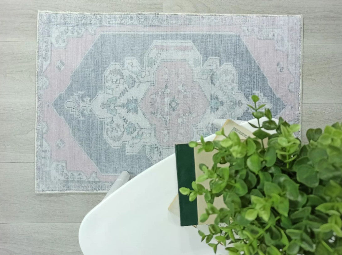 Turkish Rug, Gray Light Pink Ivory Vintage Oushak Geometric Area Rugs