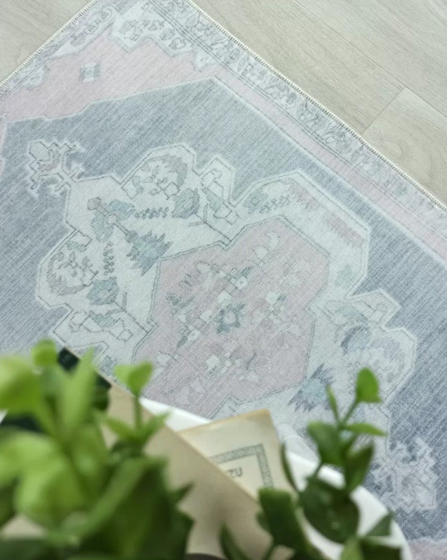 Turkish Rug, Gray Light Pink Ivory Vintage Oushak Geometric Area Rugs