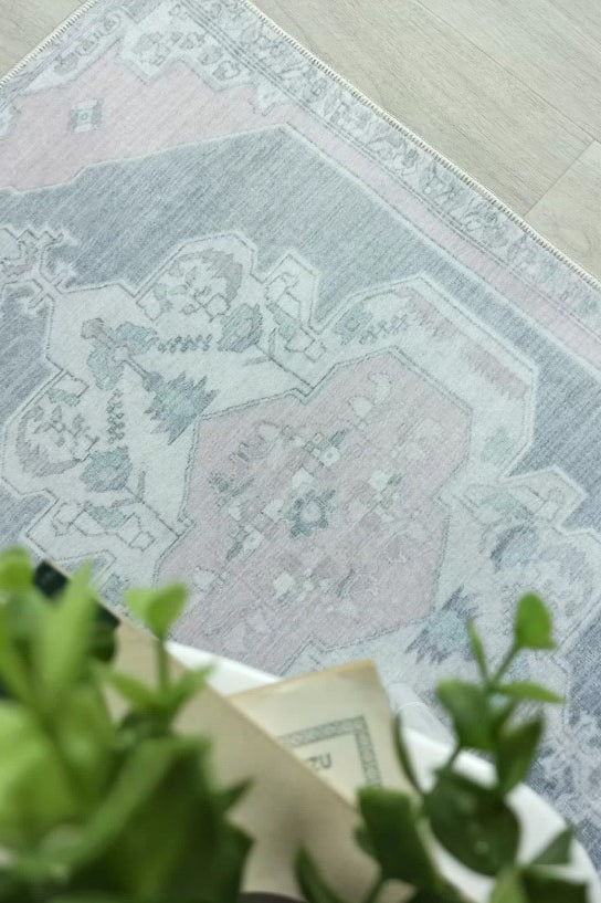 Turkish Rug, Gray Light Pink Ivory Vintage Oushak Geometric Area Rugs