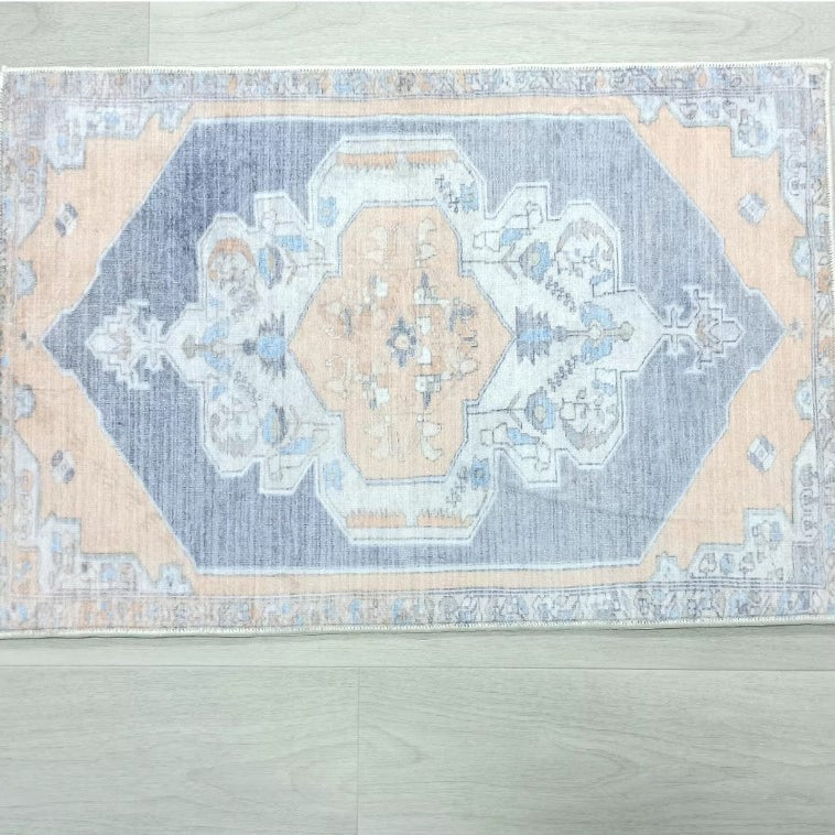 Turkish Rug, Blue Pale Orange Vintage Oushak Geometric Area Rugs