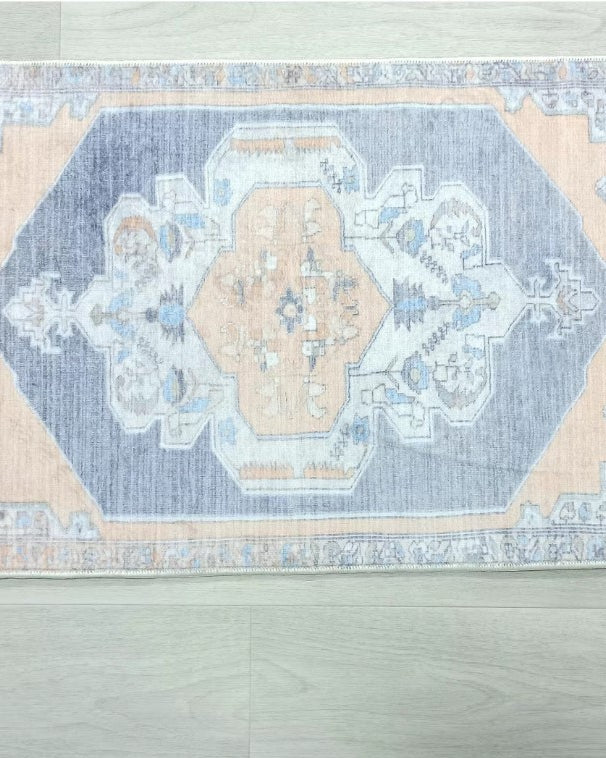 Turkish Rug, Blue Pale Orange Vintage Oushak Geometric Area Rugs