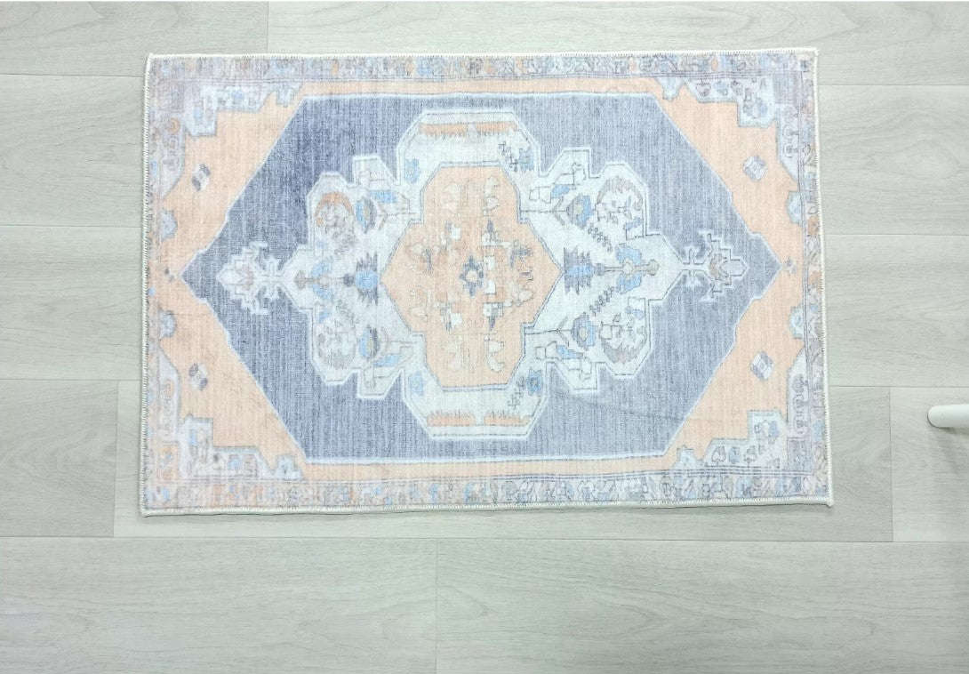 Turkish Rug, Blue Pale Orange Vintage Oushak Geometric Area Rugs