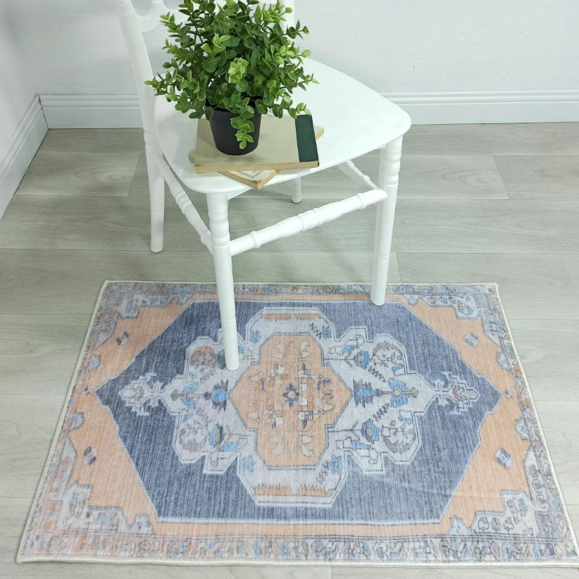 Turkish Rug, Blue Pale Orange Vintage Oushak Geometric Area Rugs