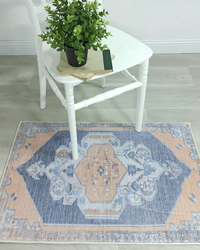 Turkish Rug, Blue Pale Orange Vintage Oushak Geometric Area Rugs