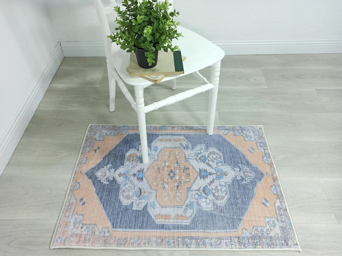 Turkish Rug, Blue Pale Orange Vintage Oushak Geometric Area Rugs