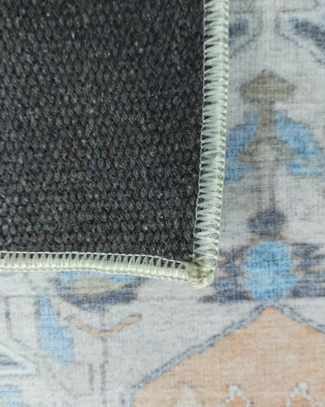 Turkish Rug, Blue Pale Orange Vintage Oushak Geometric Area Rugs