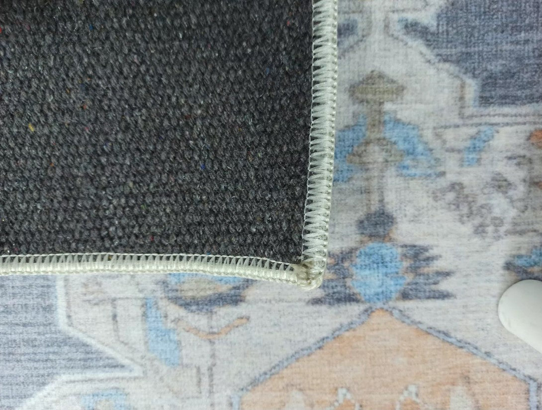 Turkish Rug, Blue Pale Orange Vintage Oushak Geometric Area Rugs