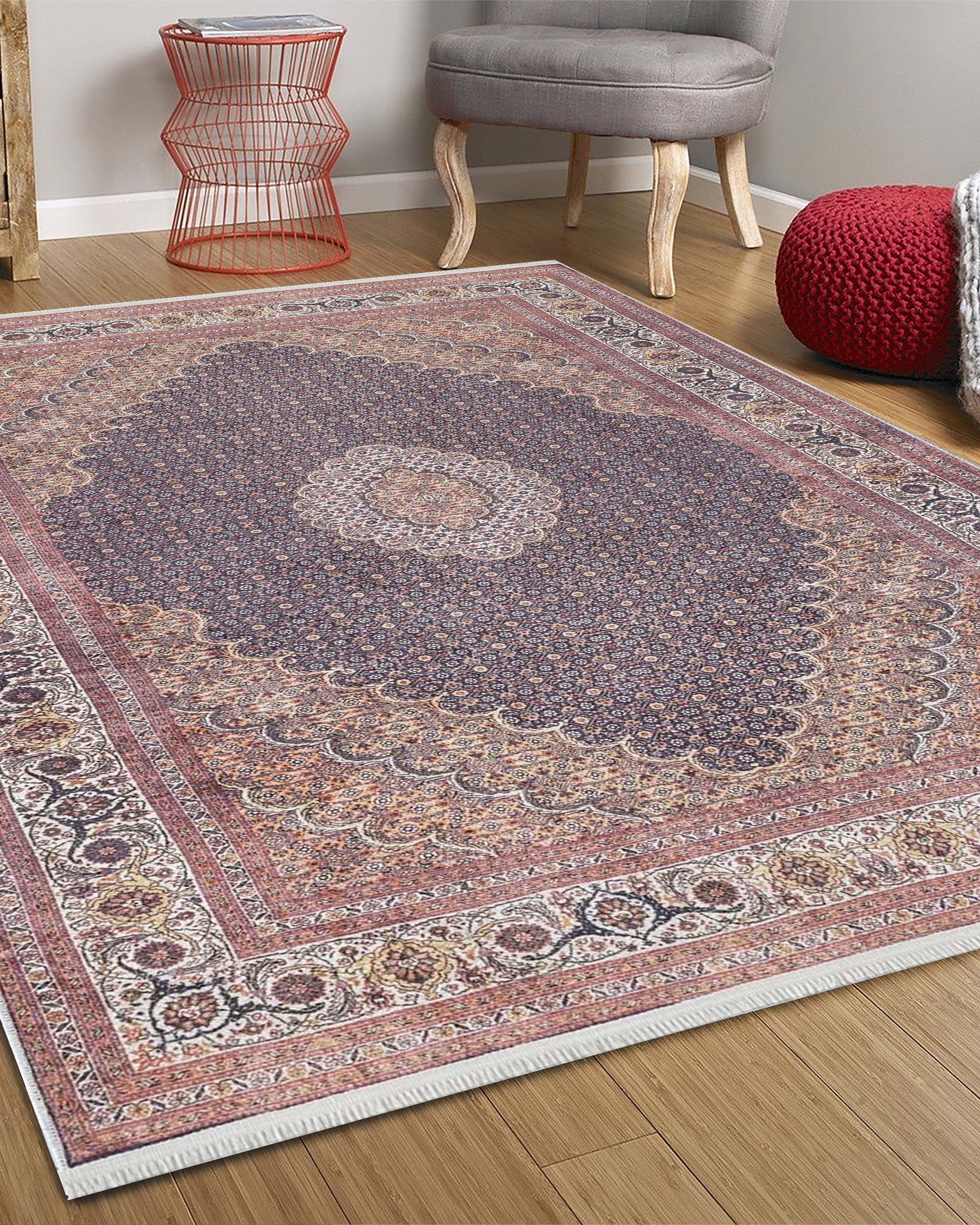 Seda Persian Red Beige Dark Navy Blue Rug