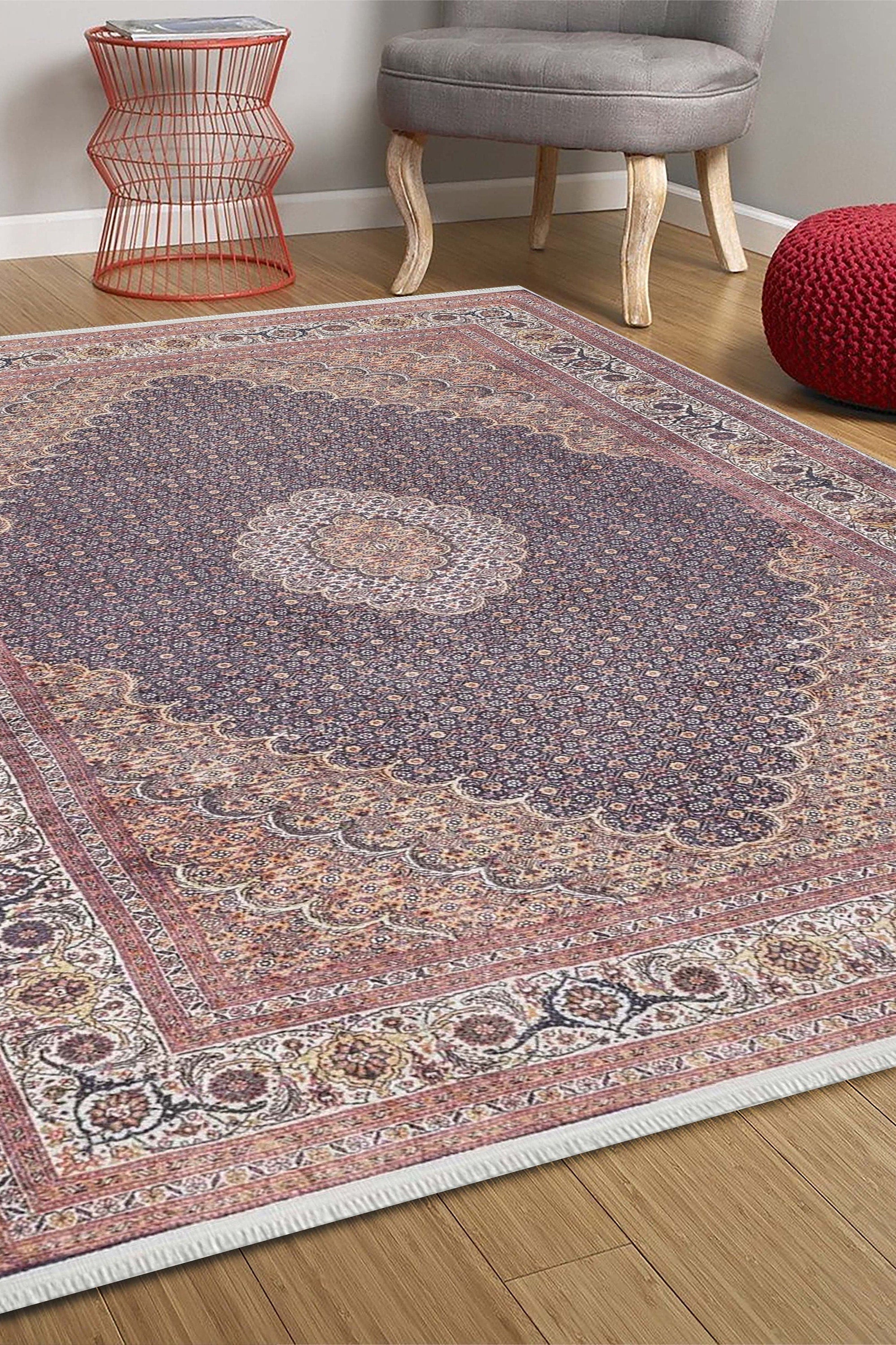Seda Persian Red Beige Dark Navy Blue Rug