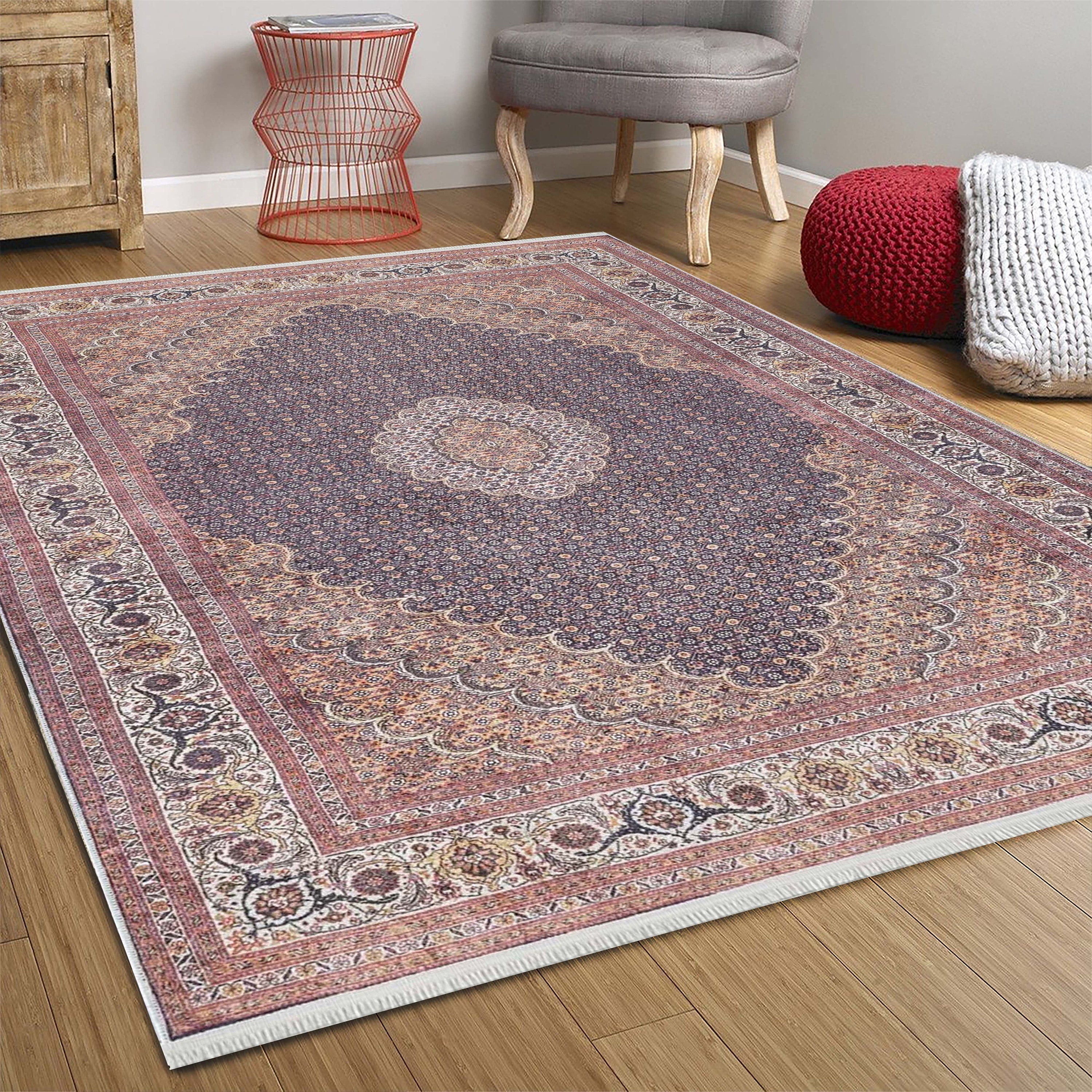 Seda Persian Red Beige Dark Navy Blue Rug