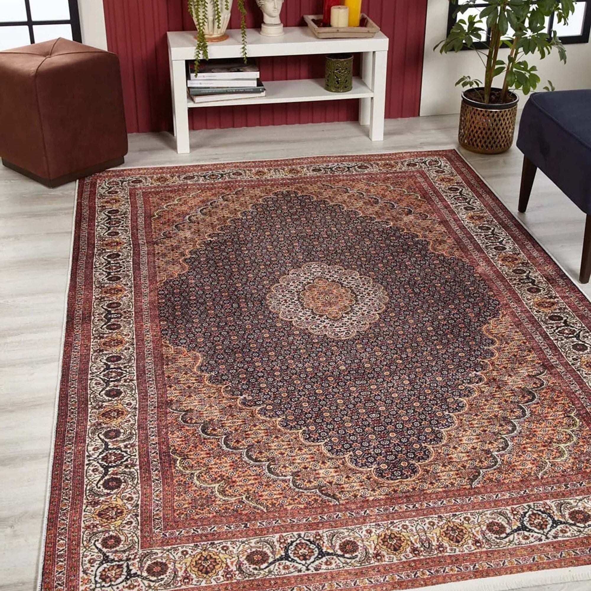 Seda Persian Red Beige Dark Navy Blue Rug