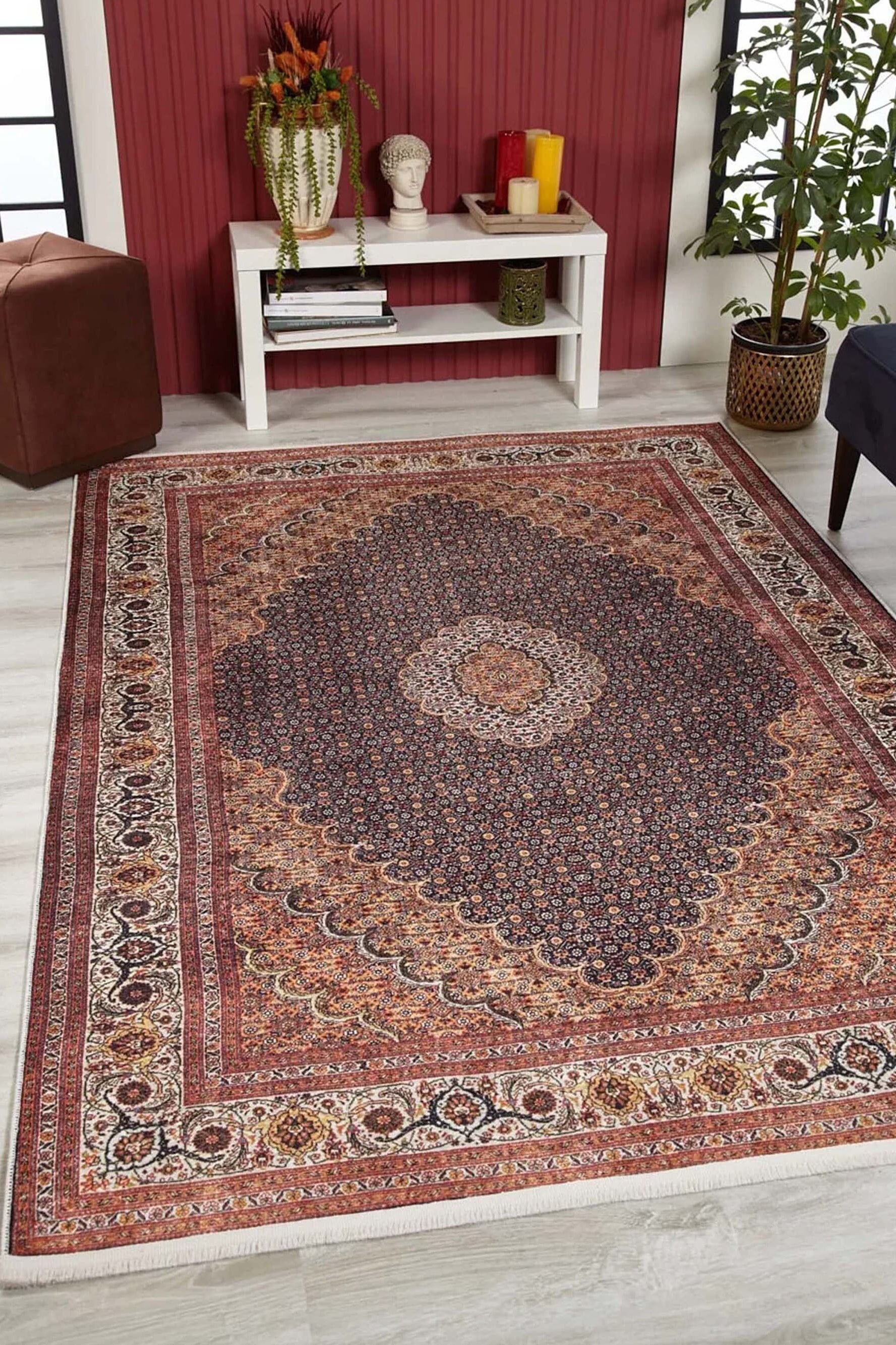 Seda Persian Red Beige Dark Navy Blue Rug