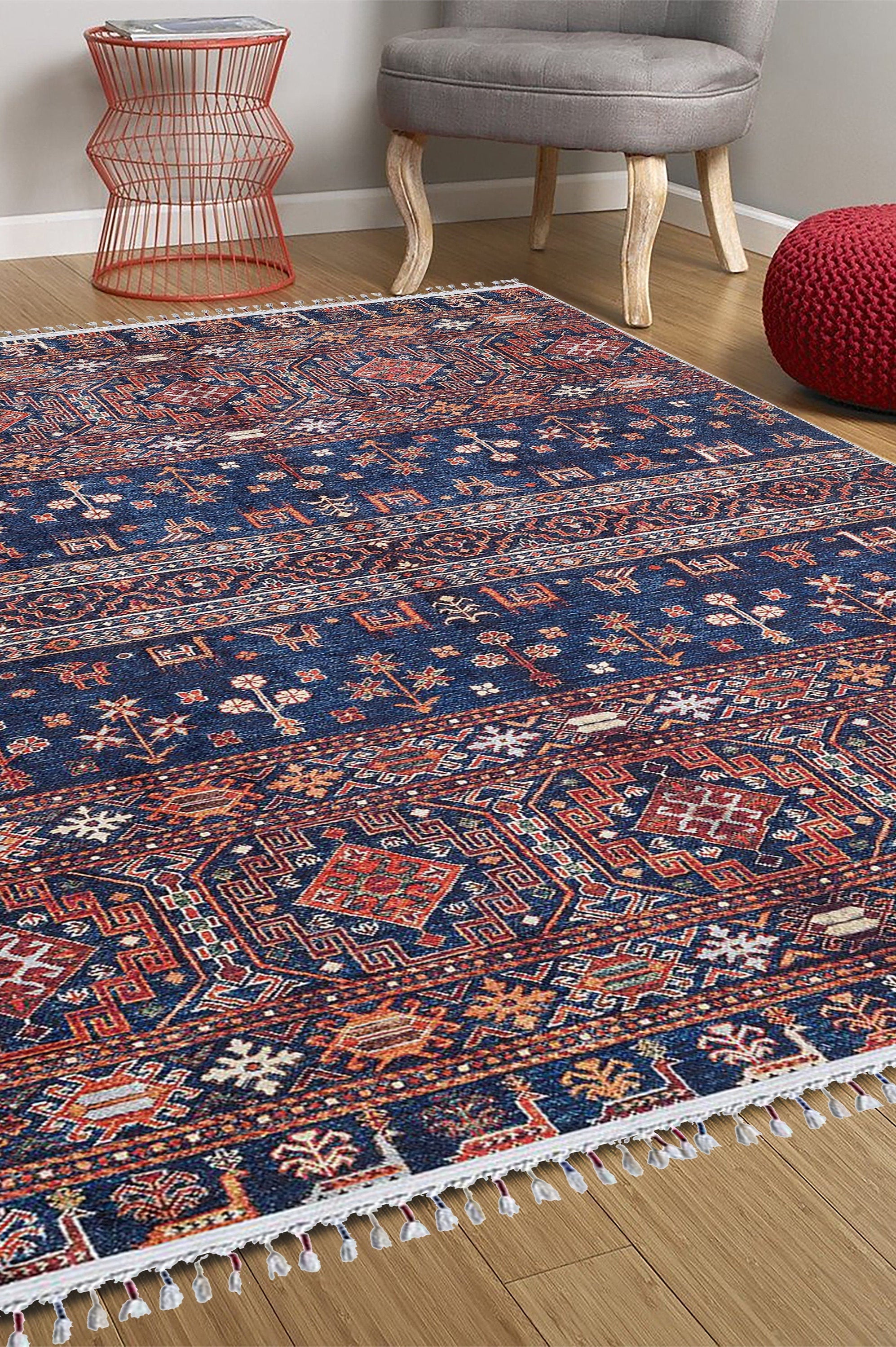 Sela Turkish Ethnic Navy Blue Kilim Rug