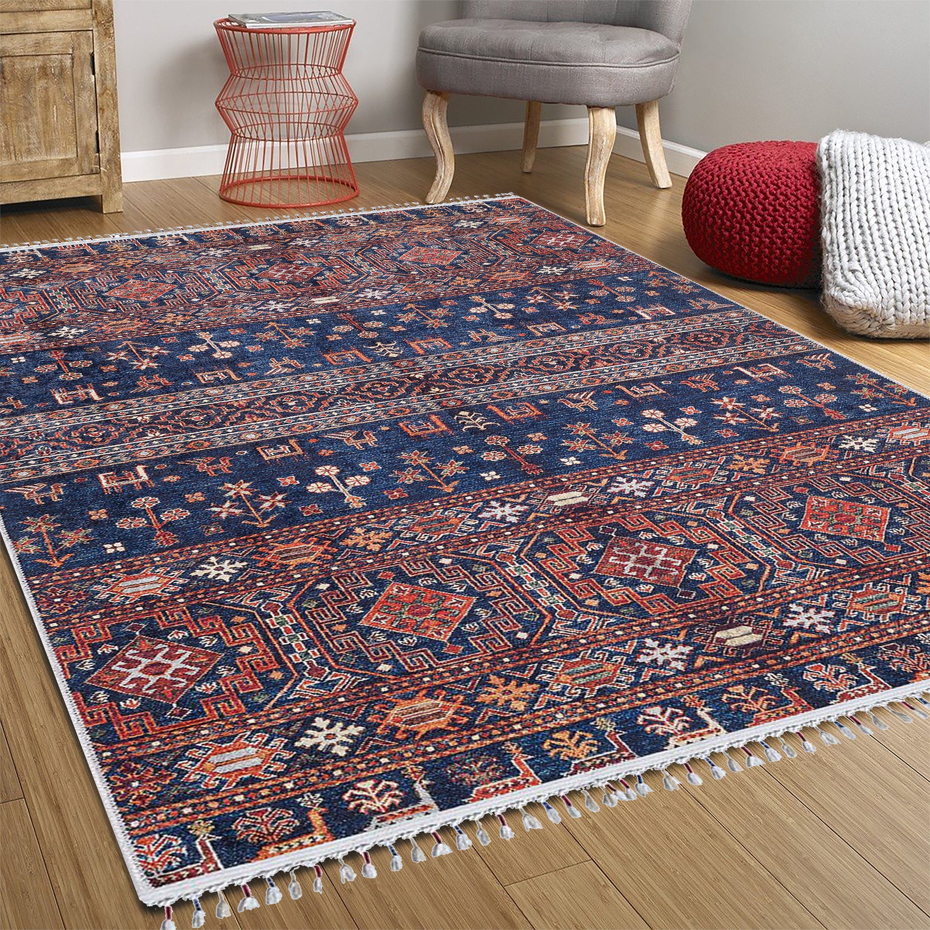 Sela Turkish Ethnic Navy Blue Kilim Rug