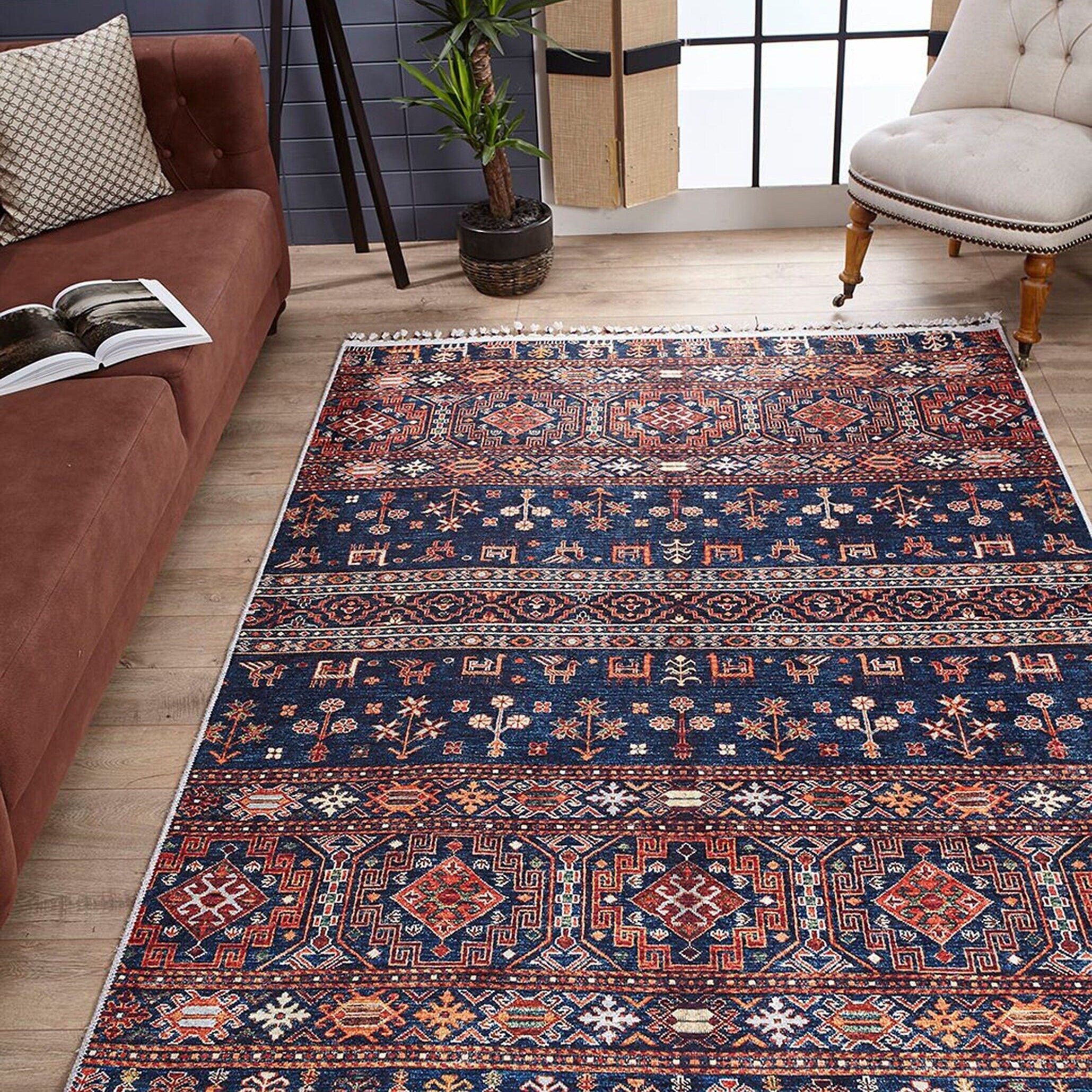 Sela Turkish Ethnic Navy Blue Kilim Rug