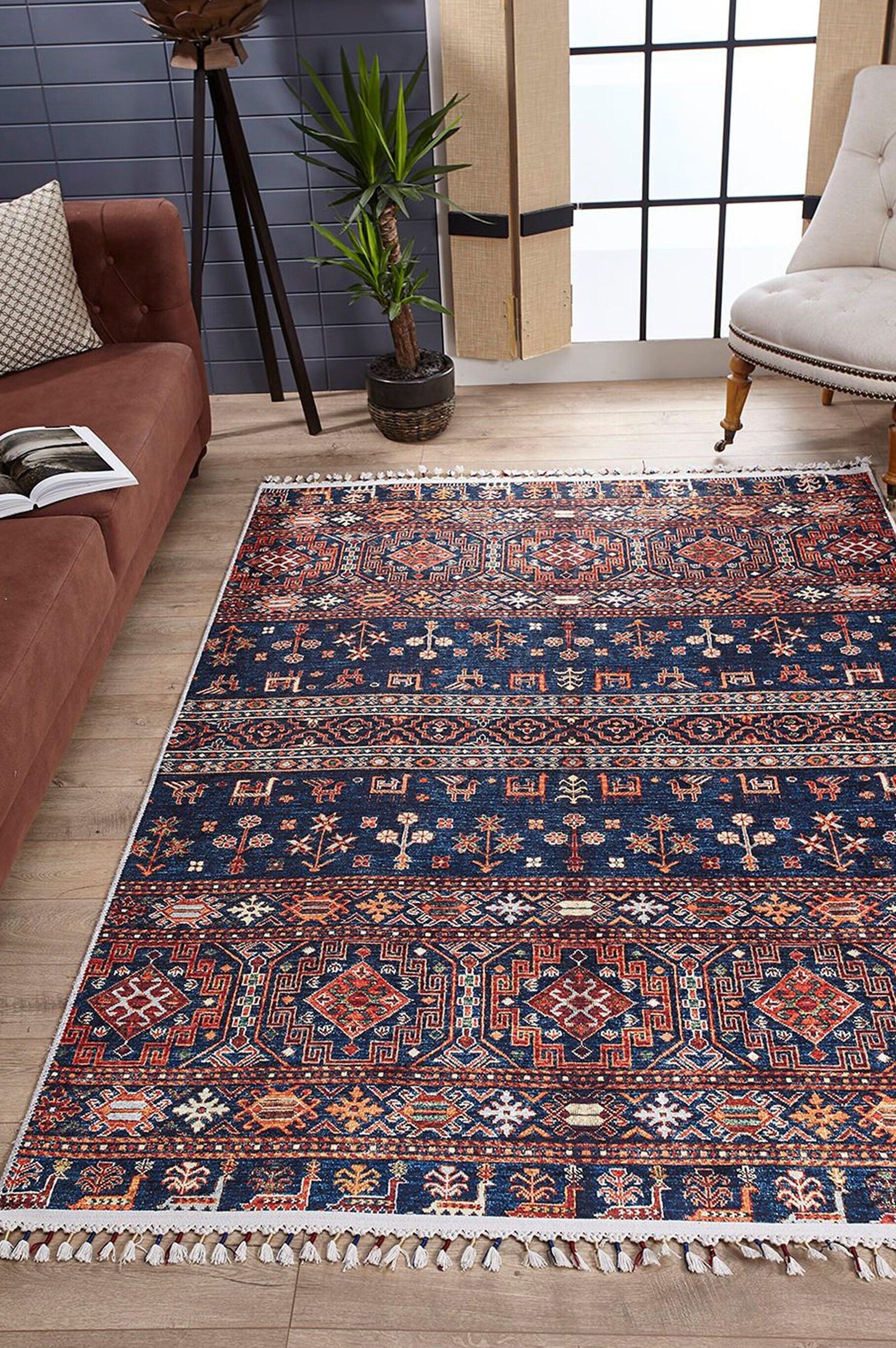 Sela Turkish Ethnic Navy Blue Kilim Rug