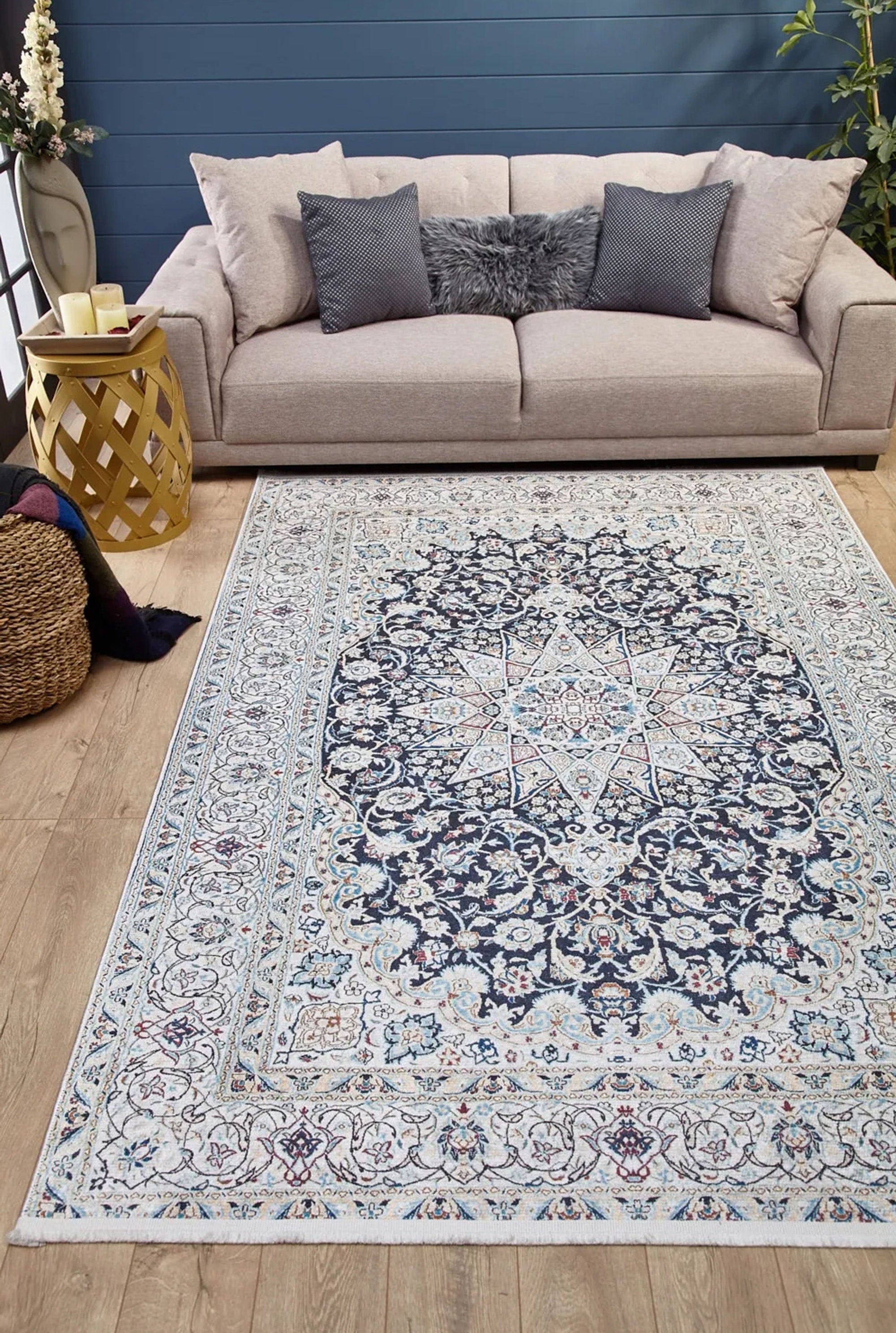 Sidla Turkish White Navy Blue Rug