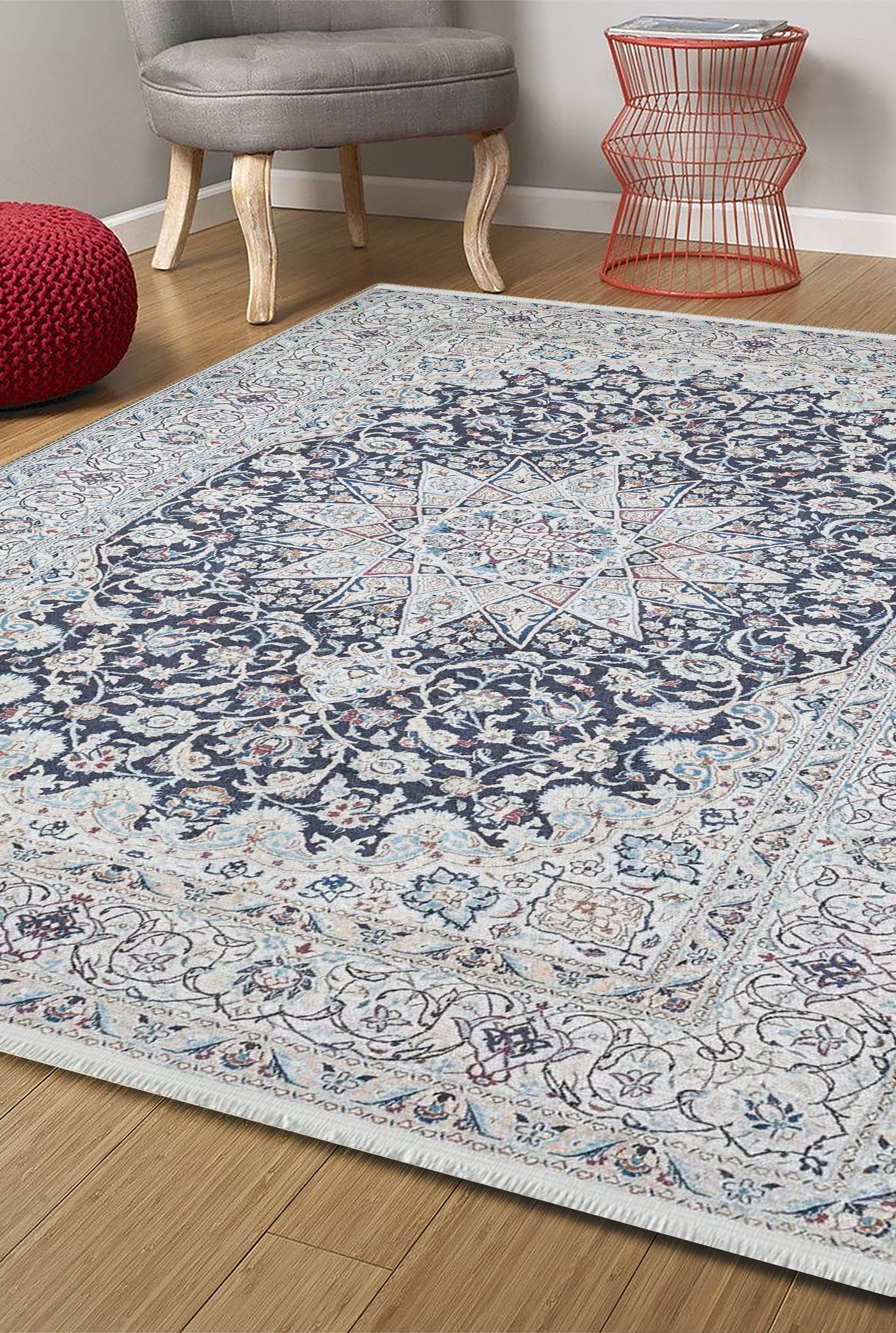 Sidla Turkish White Navy Blue Rug