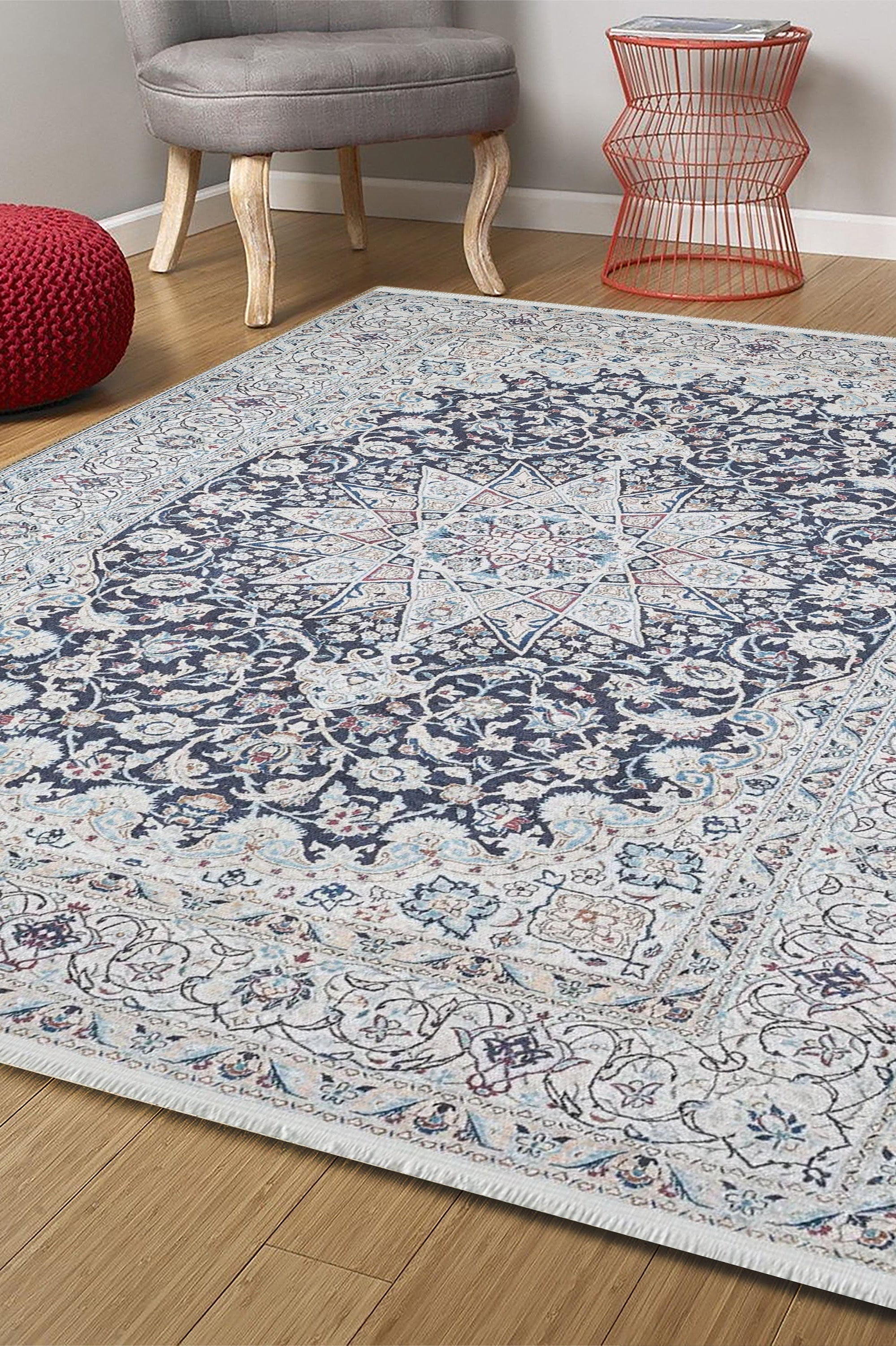 Sidla Turkish White Navy Blue Rug