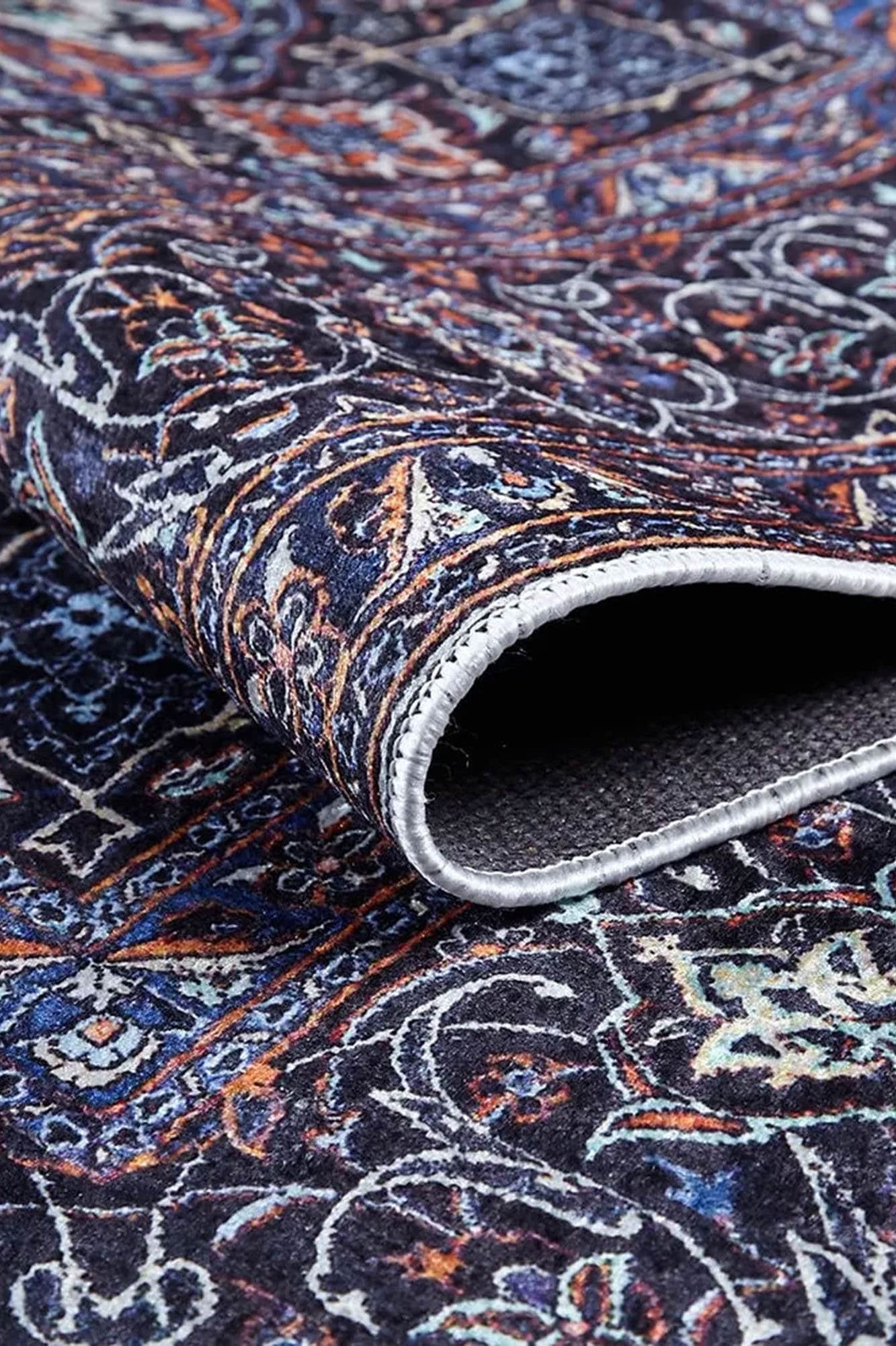 Sidla Turkish White Navy Blue Rug