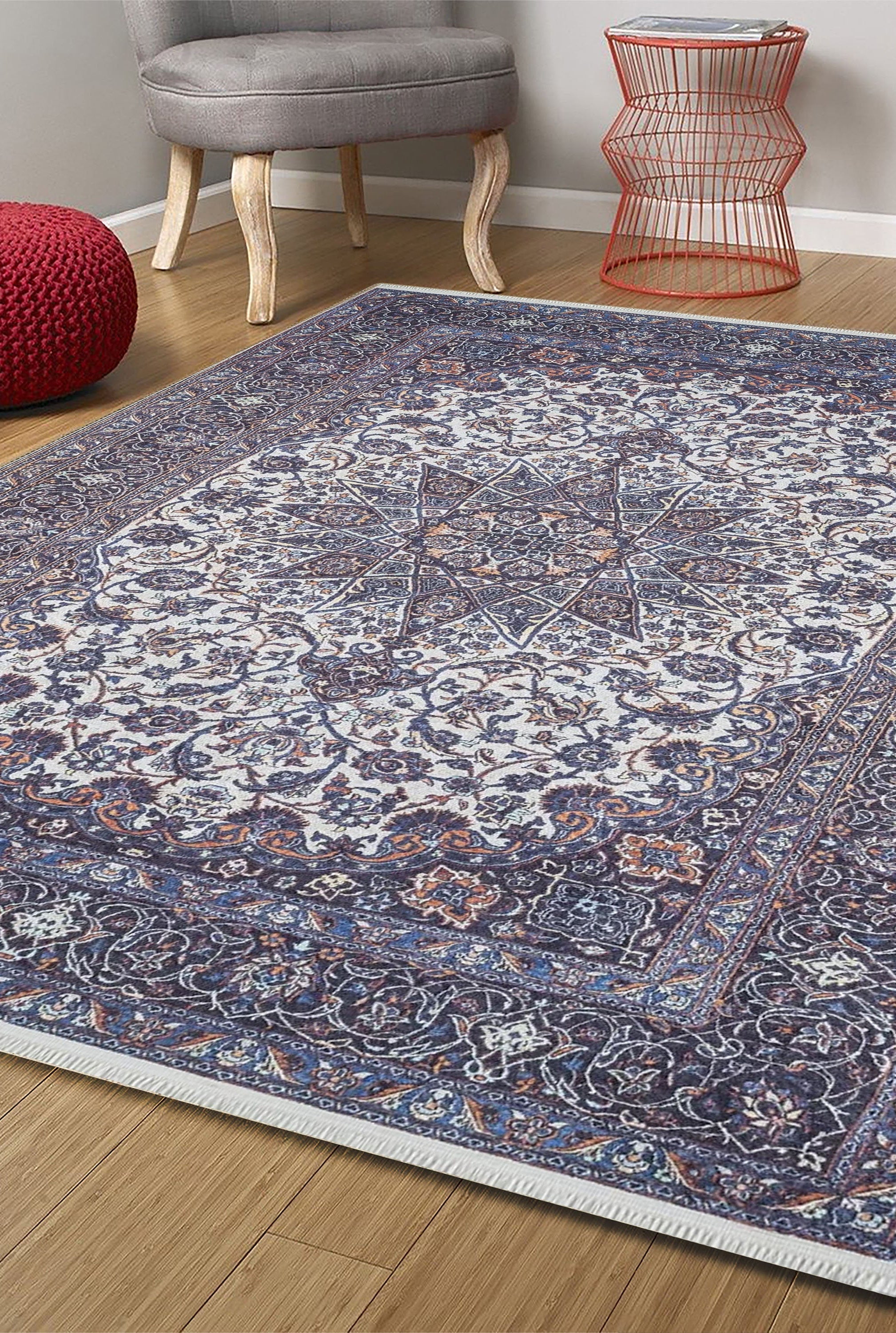 Sidla Turkish White Navy Blue Rug