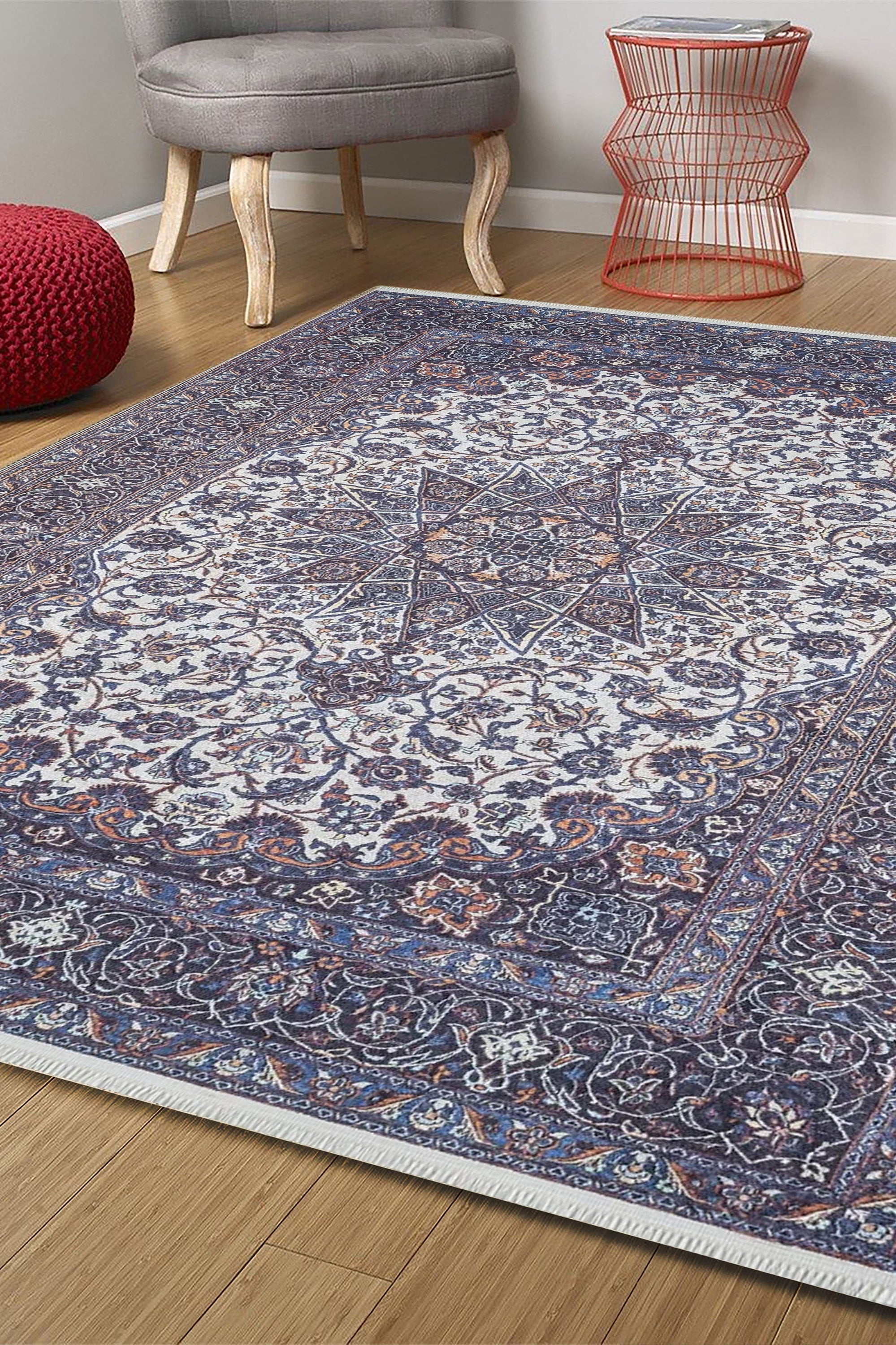 Sidla Turkish White Navy Blue Rug