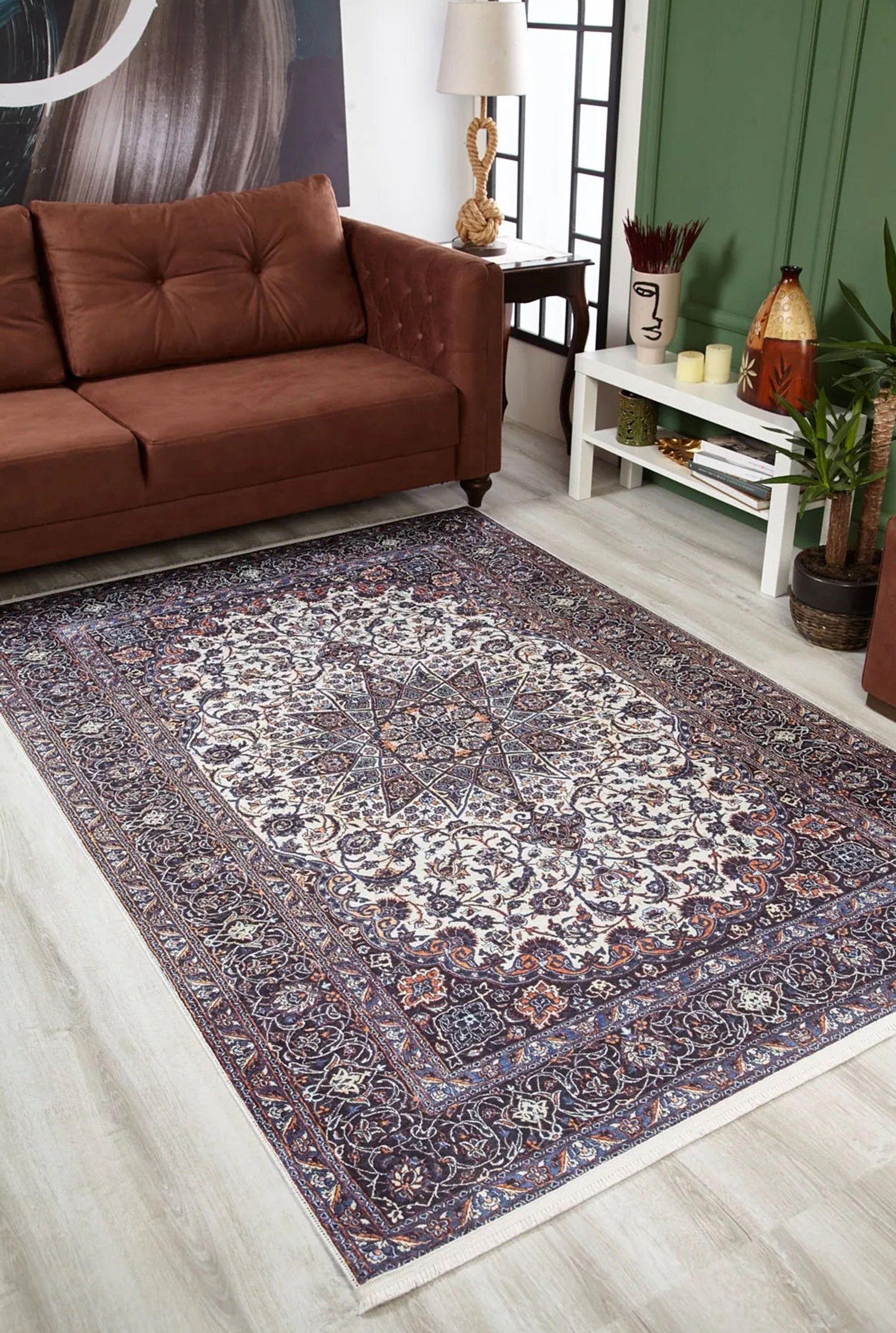 Sidla Turkish White Navy Blue Rug
