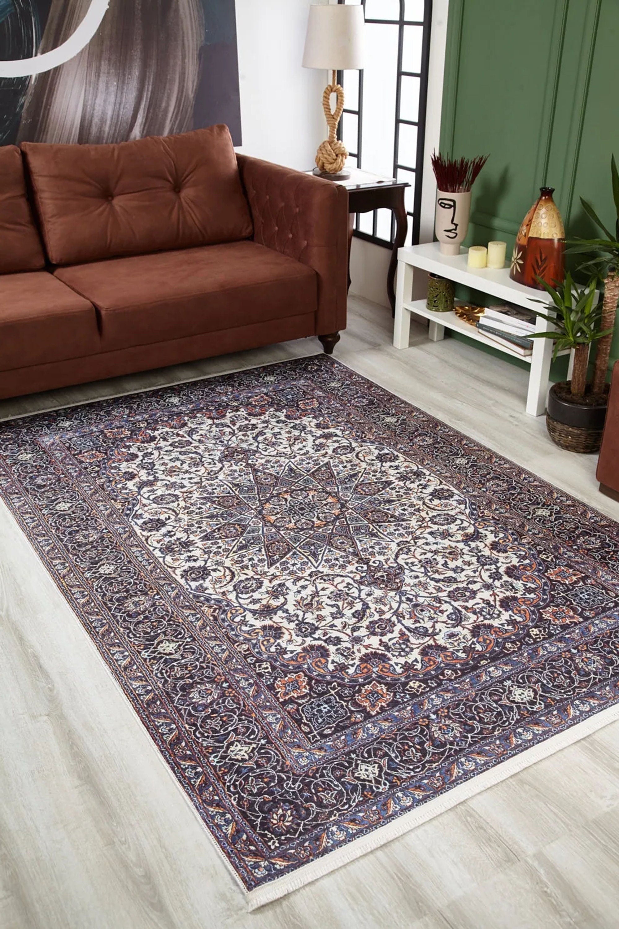 Sidla Turkish White Navy Blue Rug
