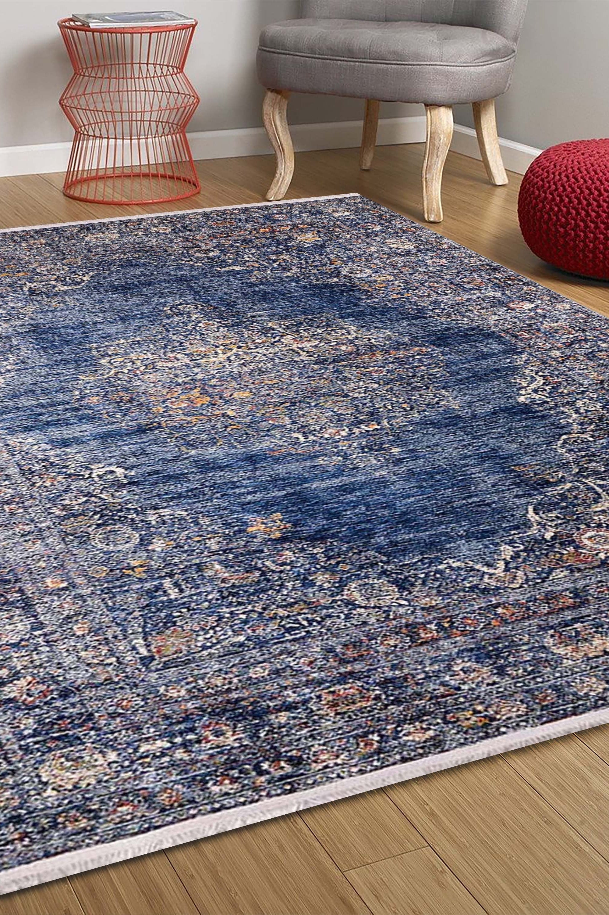 Sira Turkish Navy Blue Beige Vintage Rug