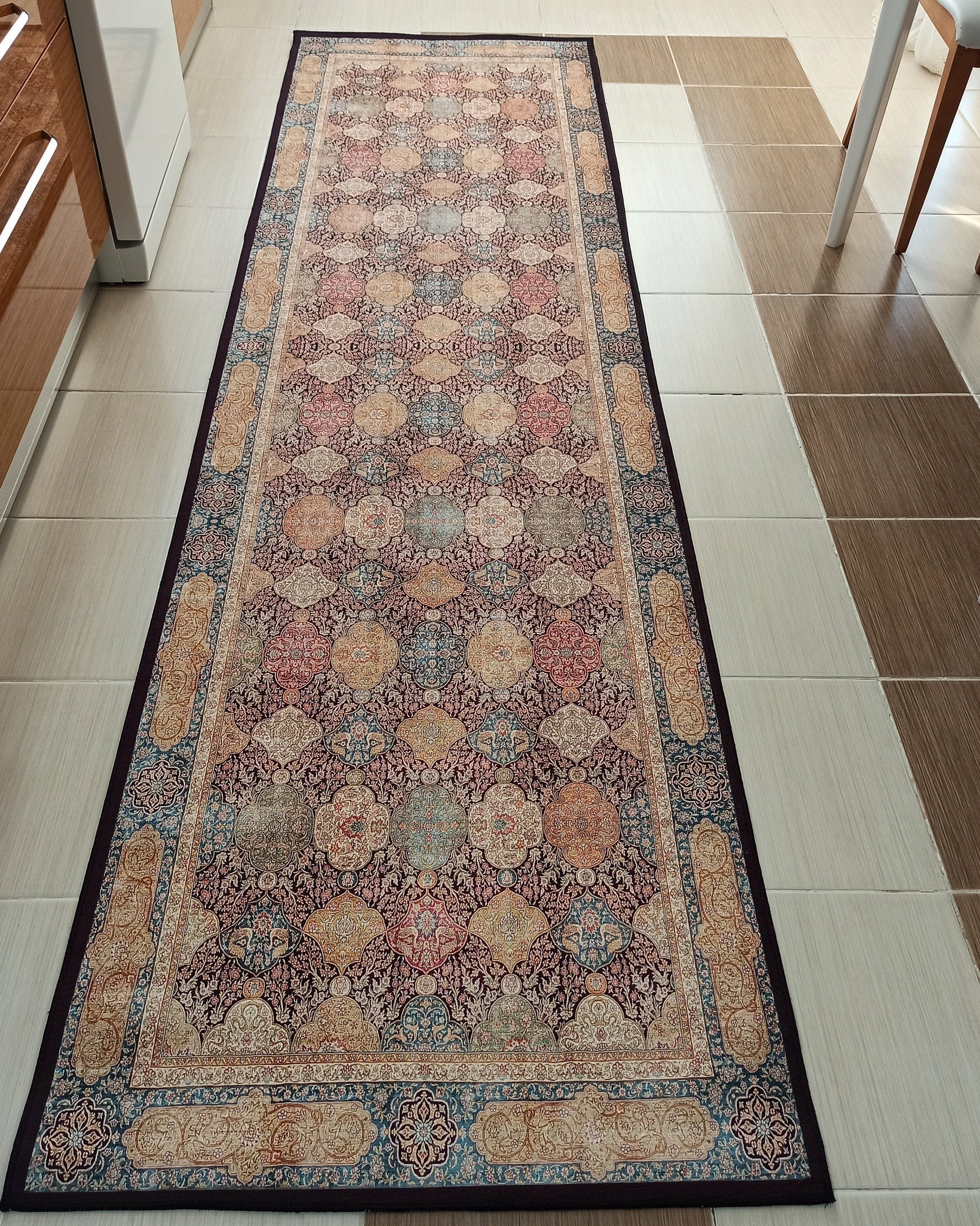 Sirap Runner Turkish Distressed Claret Red Beige Gold Runner