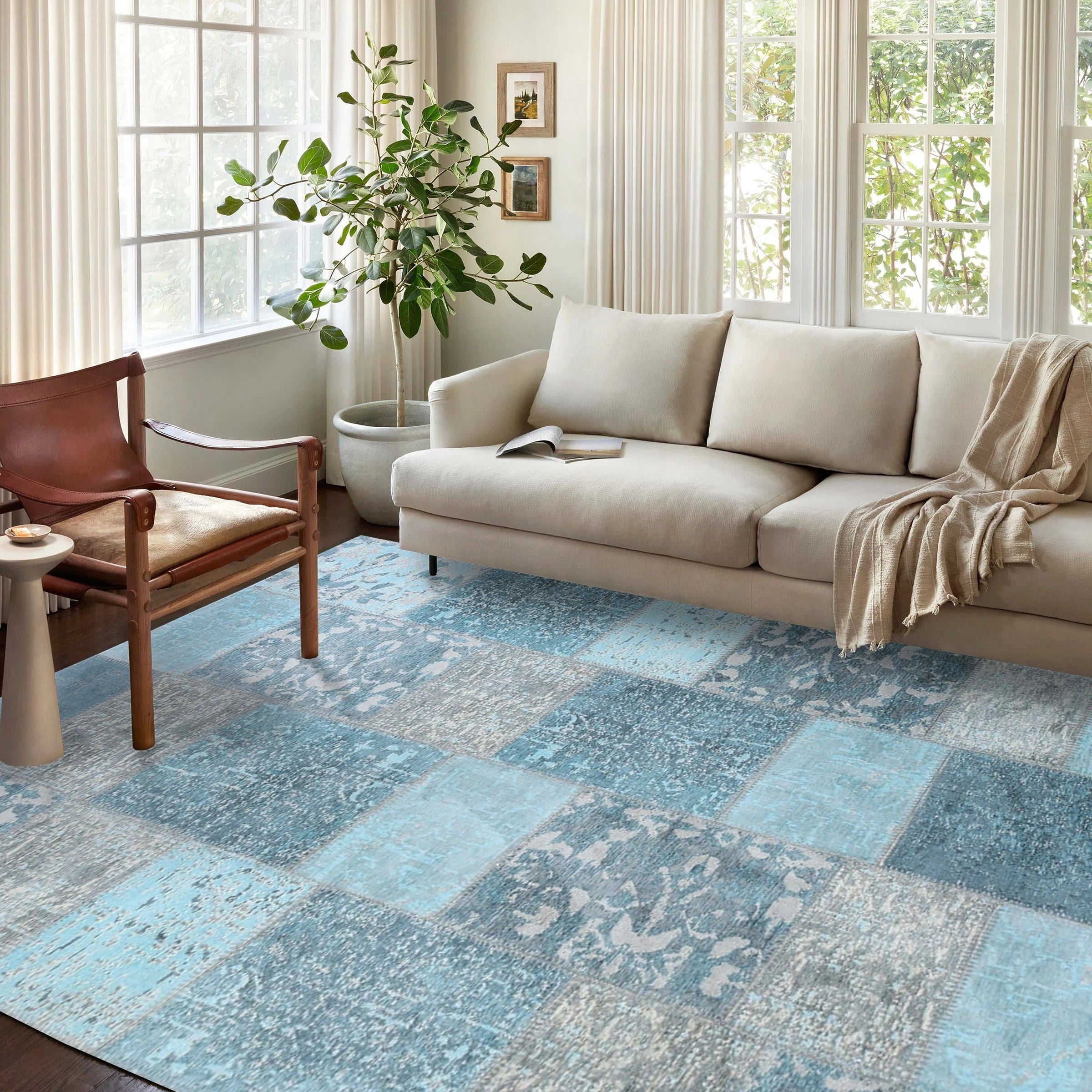 Skyla Light Sky Blue Patchwork Vintage Rug