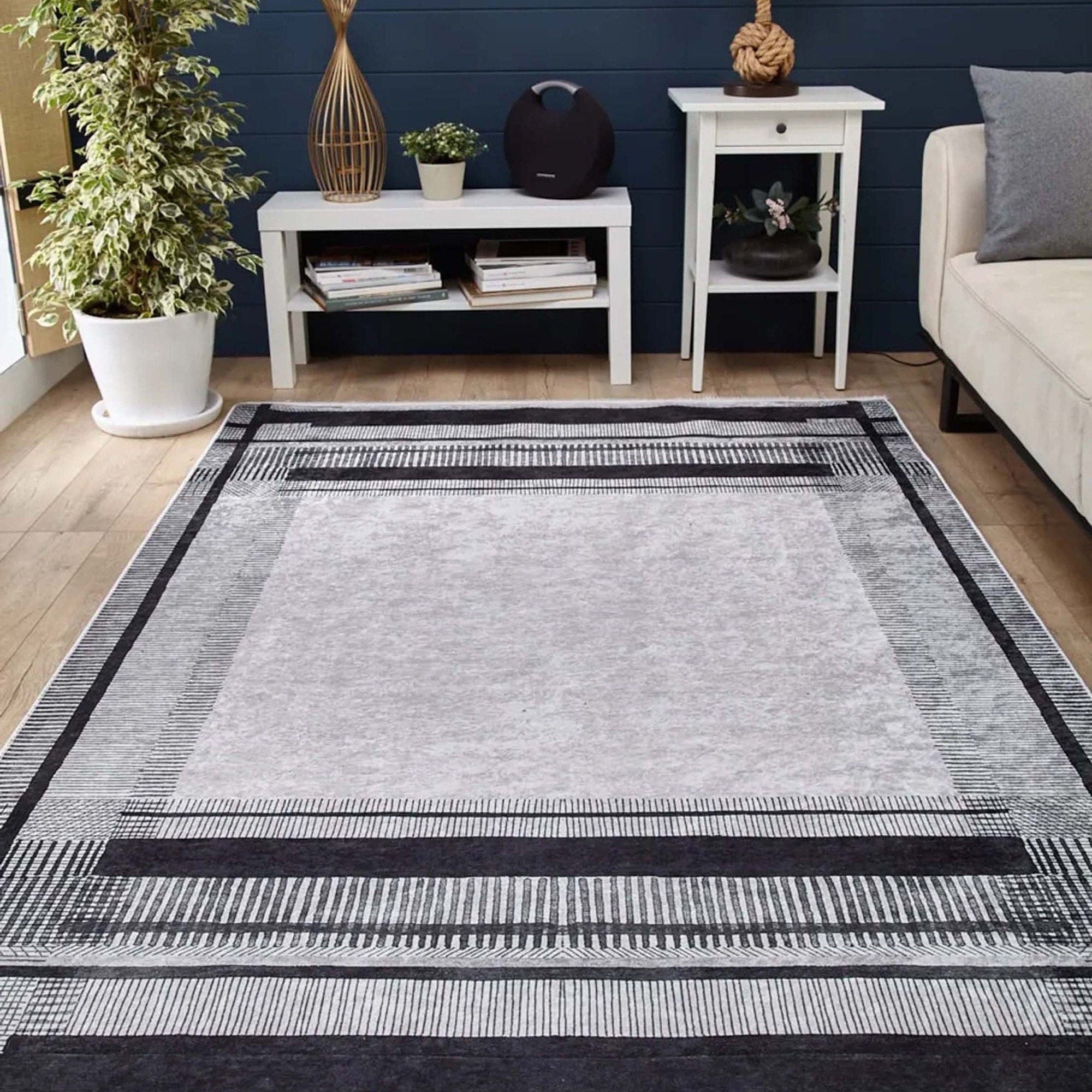 Solla Solid Beige Gray Rug Striped Border Rug
