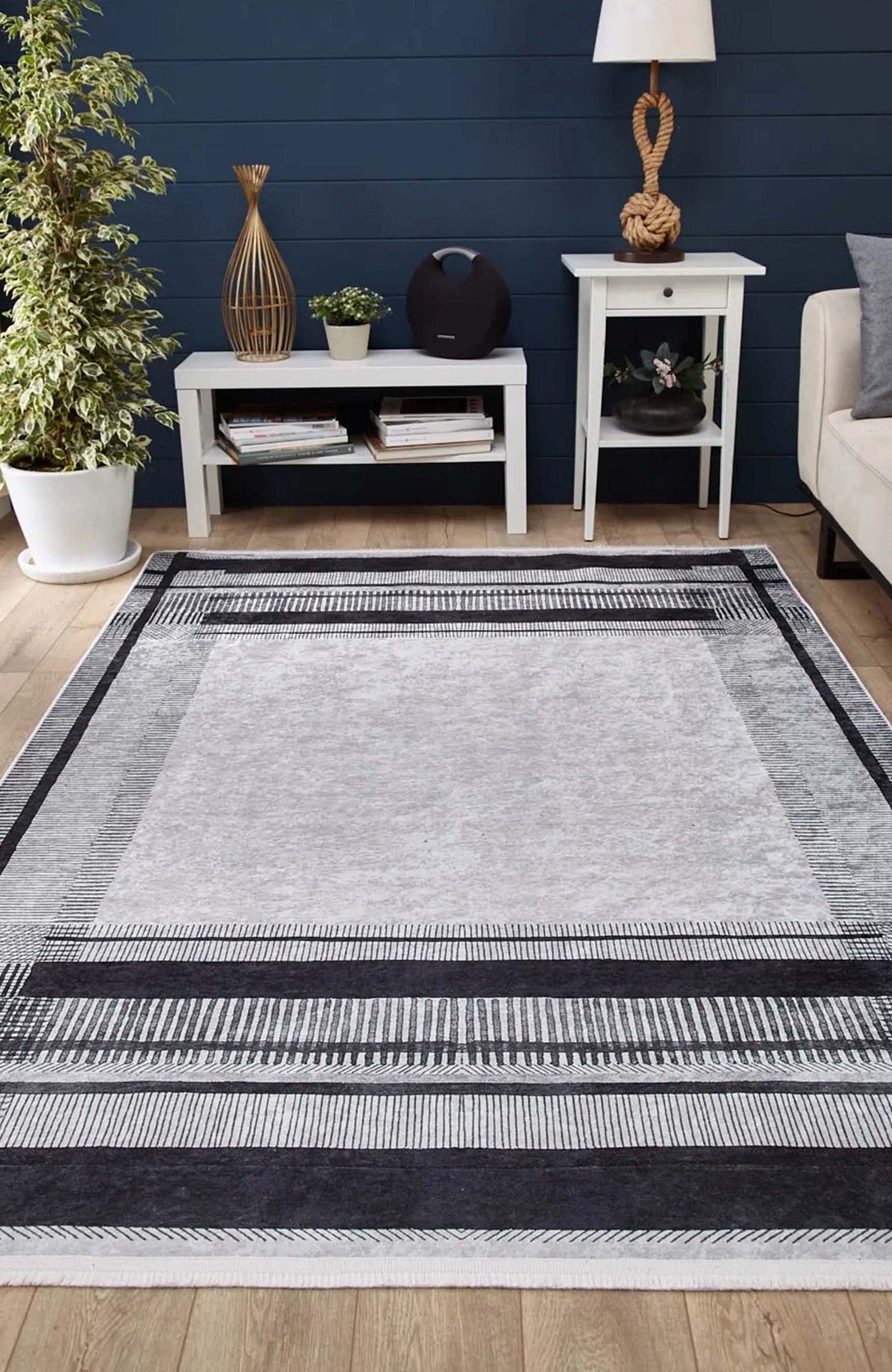 Solla Solid Beige Gray Rug Striped Border Rug