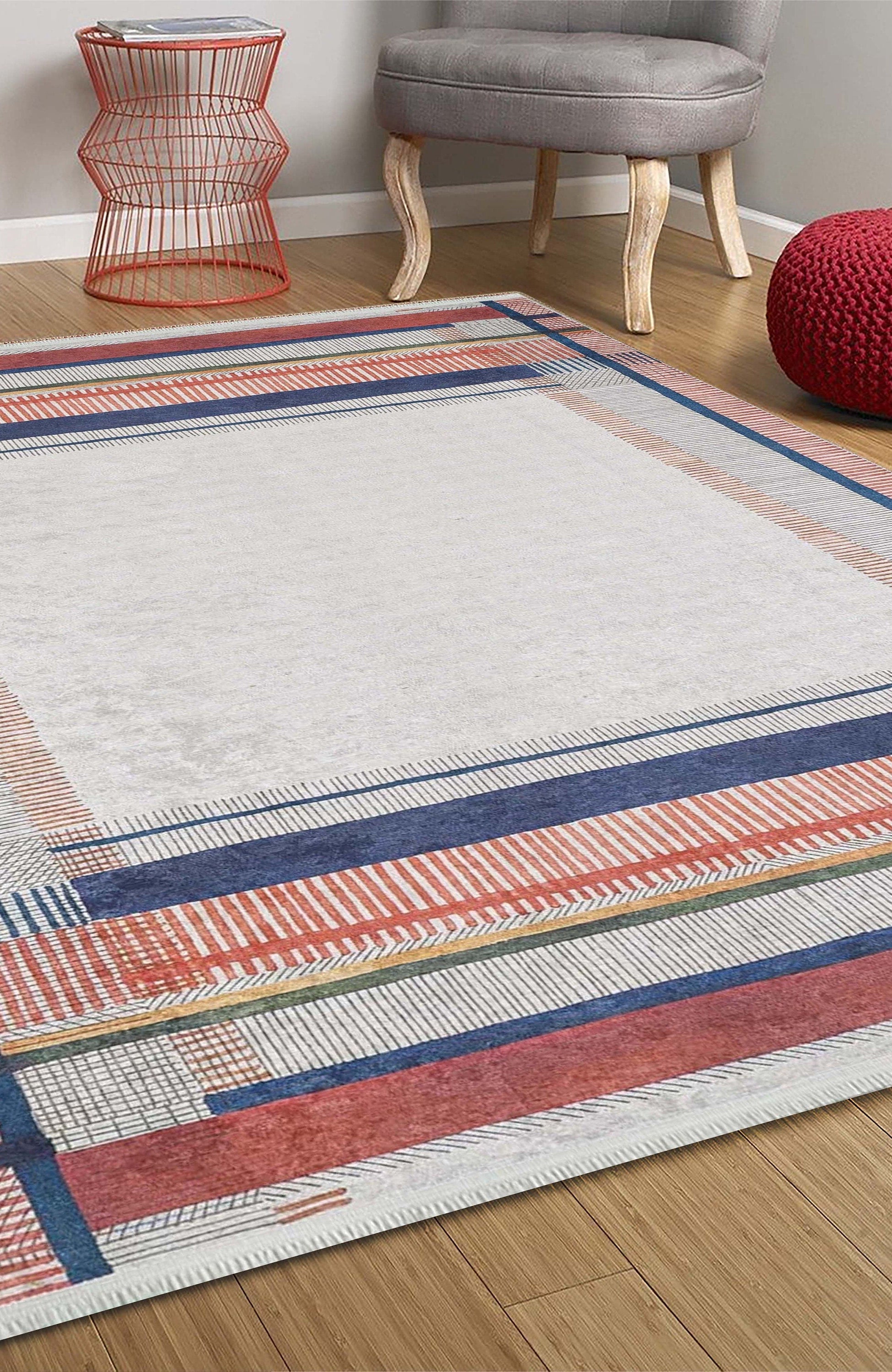 Solla Solid Beige Gray Rug Striped Border Rug