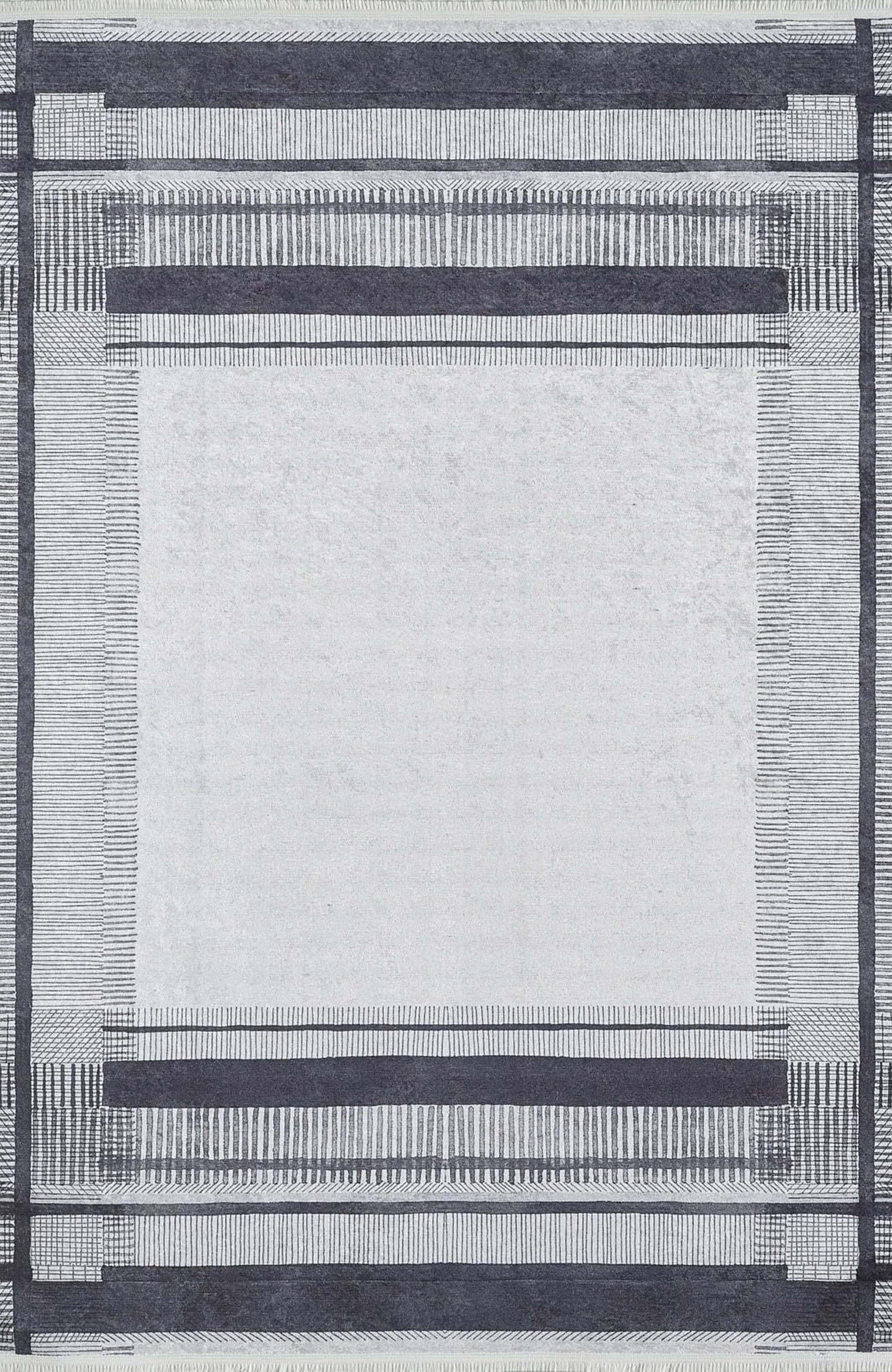 Solla Solid Beige Gray Rug Striped Border Rug