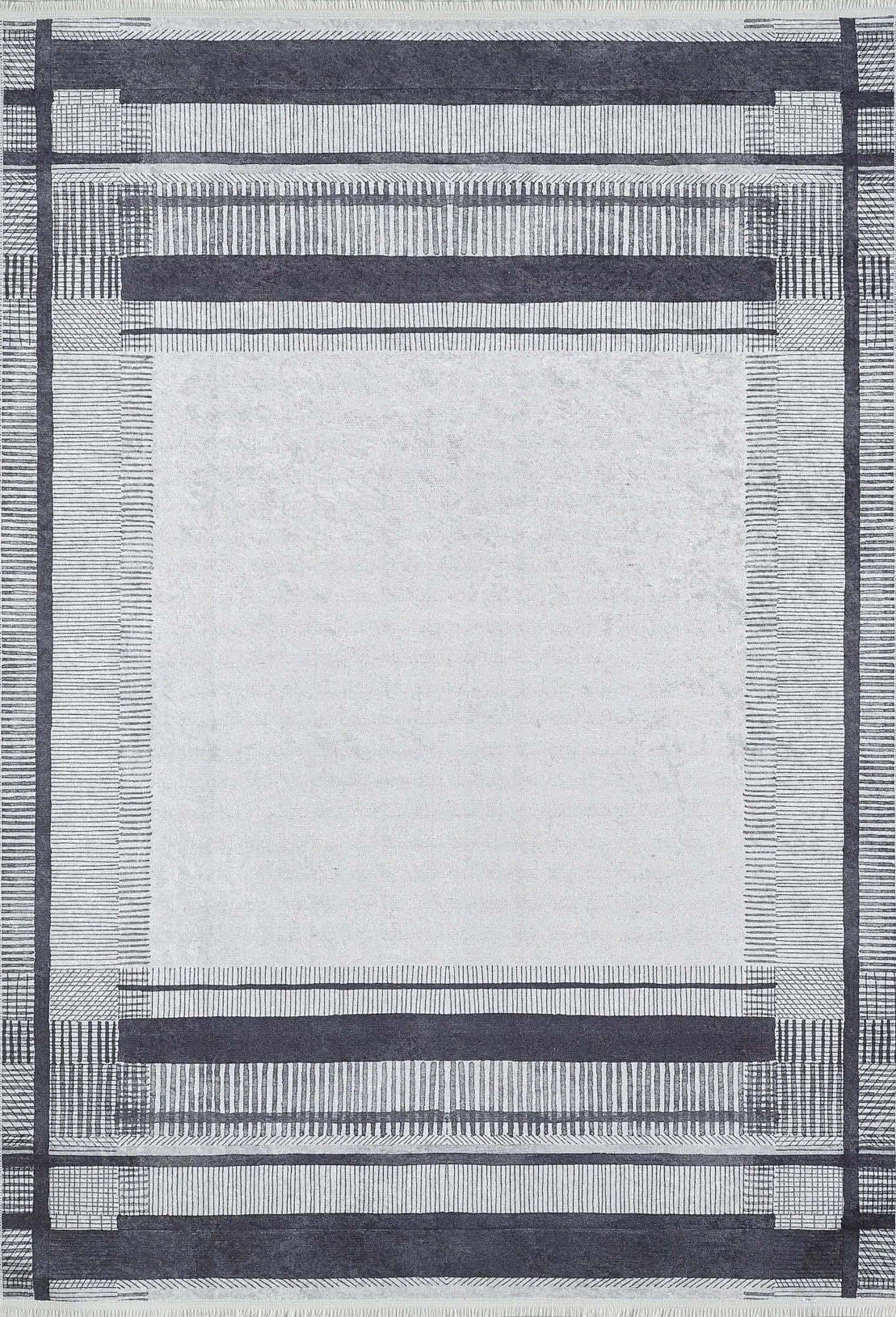 Solla Solid Beige Gray Rug Striped Border Rug
