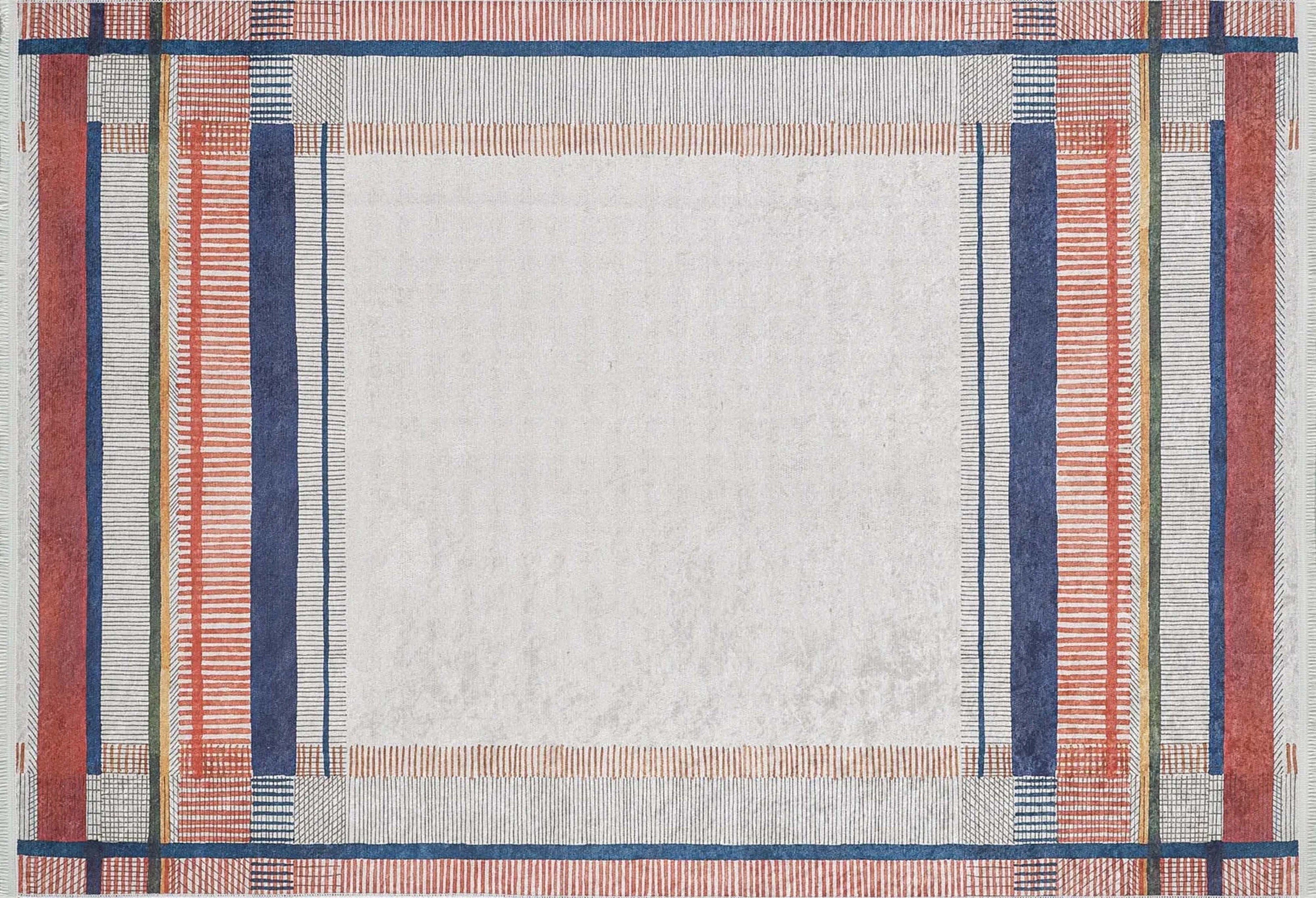 Solla Solid Beige Gray Rug Striped Border Rug