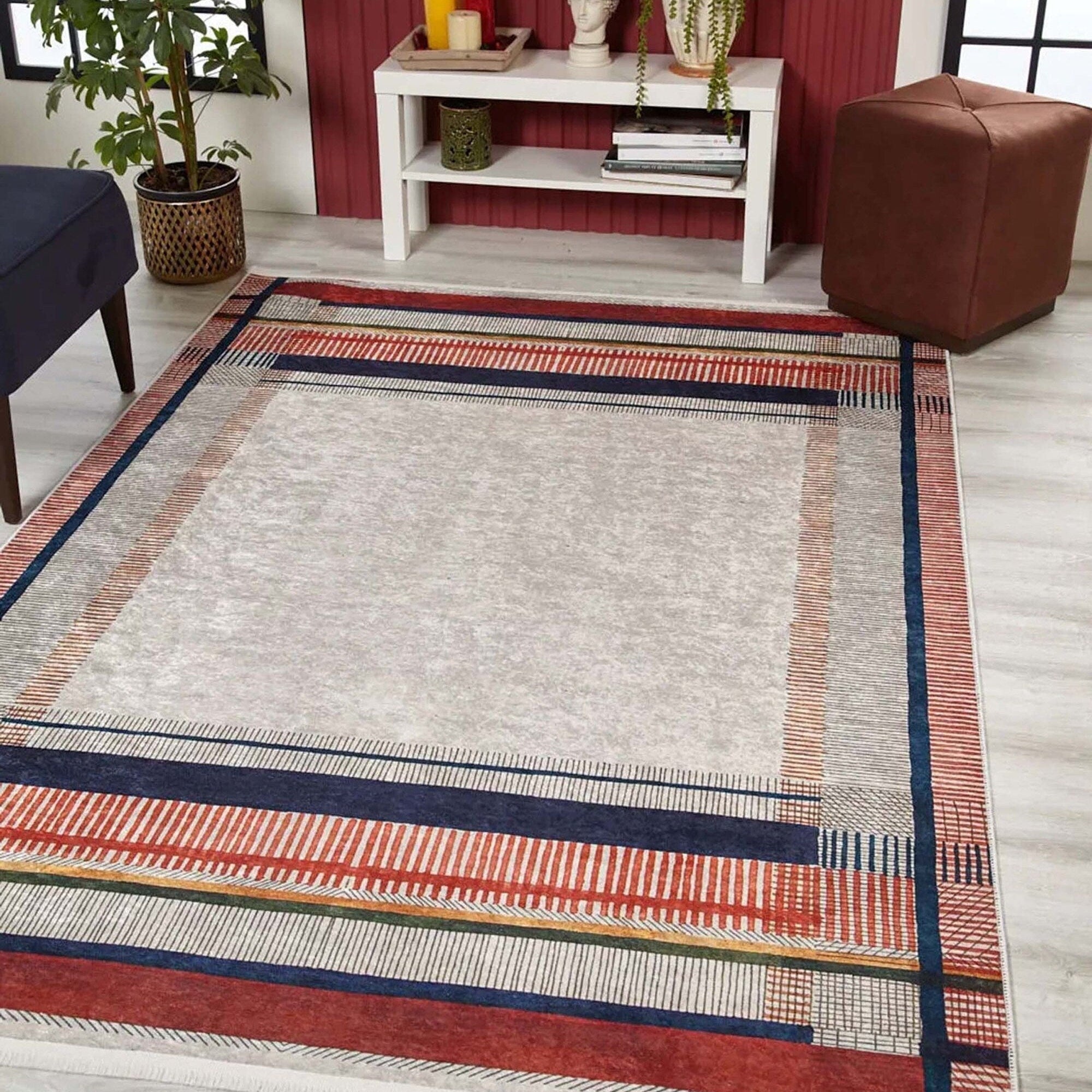 Solla Solid Beige Gray Rug Striped Border Rug