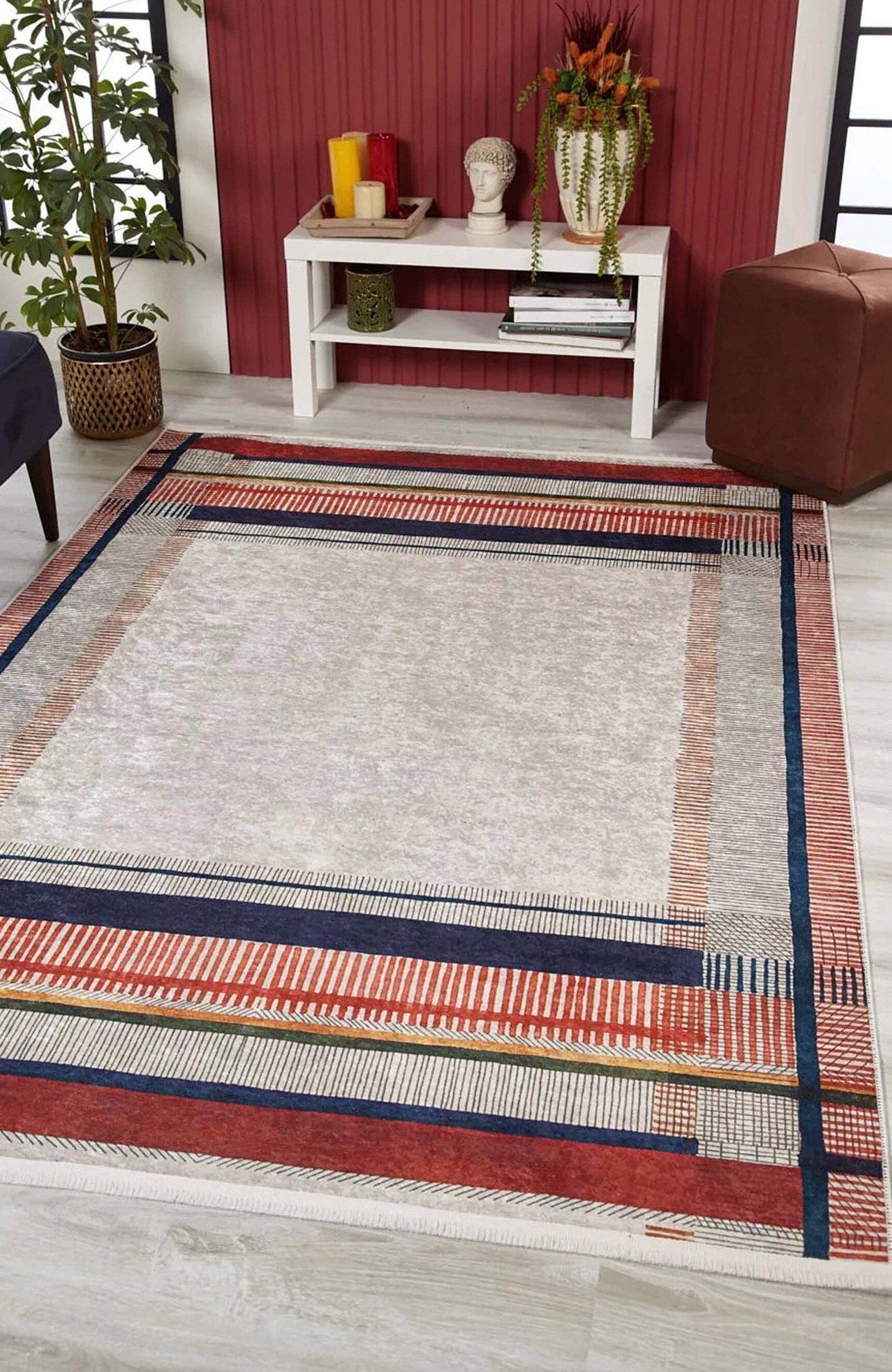 Solla Solid Beige Gray Rug Striped Border Rug