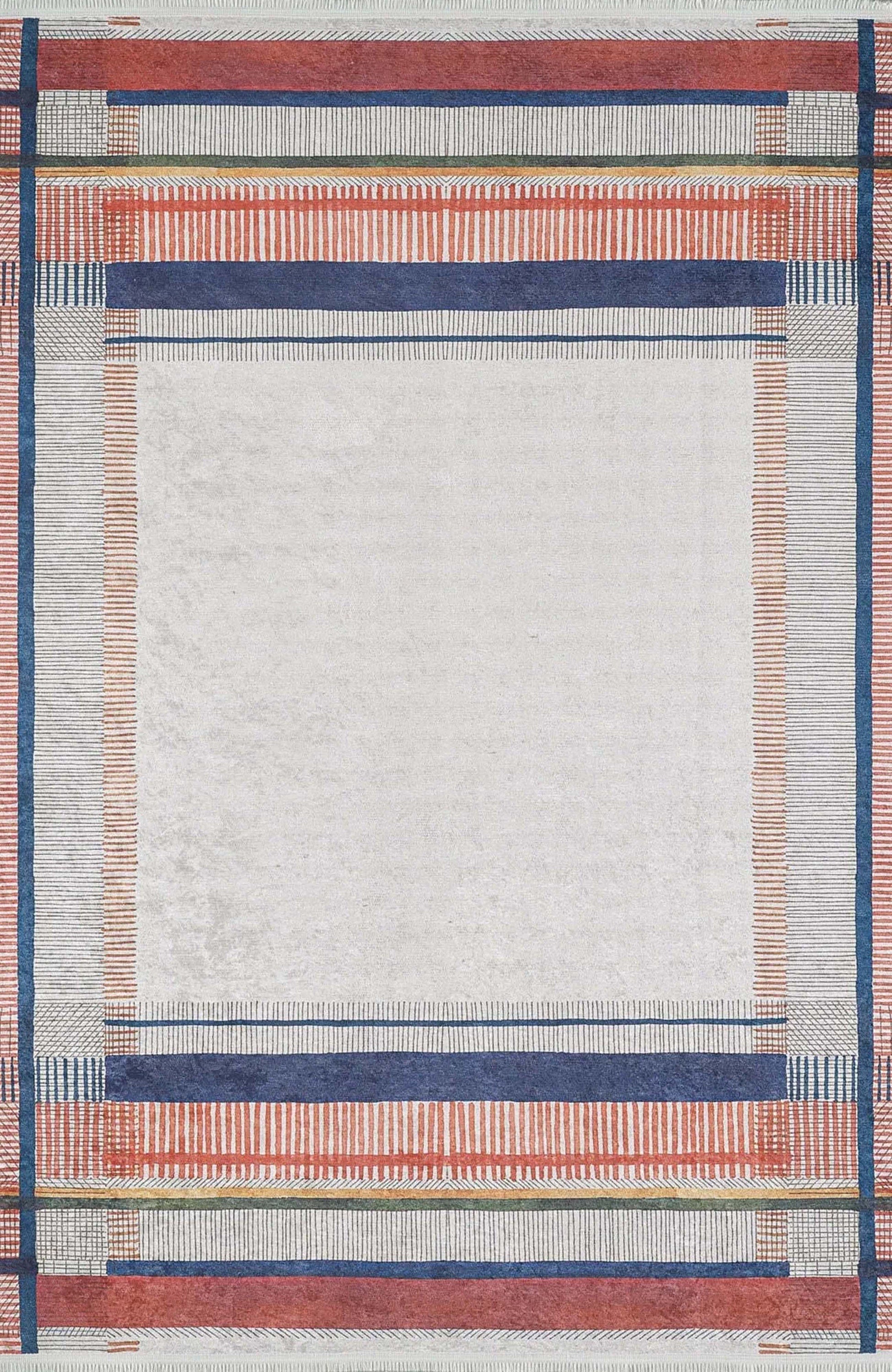 Solla Solid Beige Gray Rug Striped Border Rug