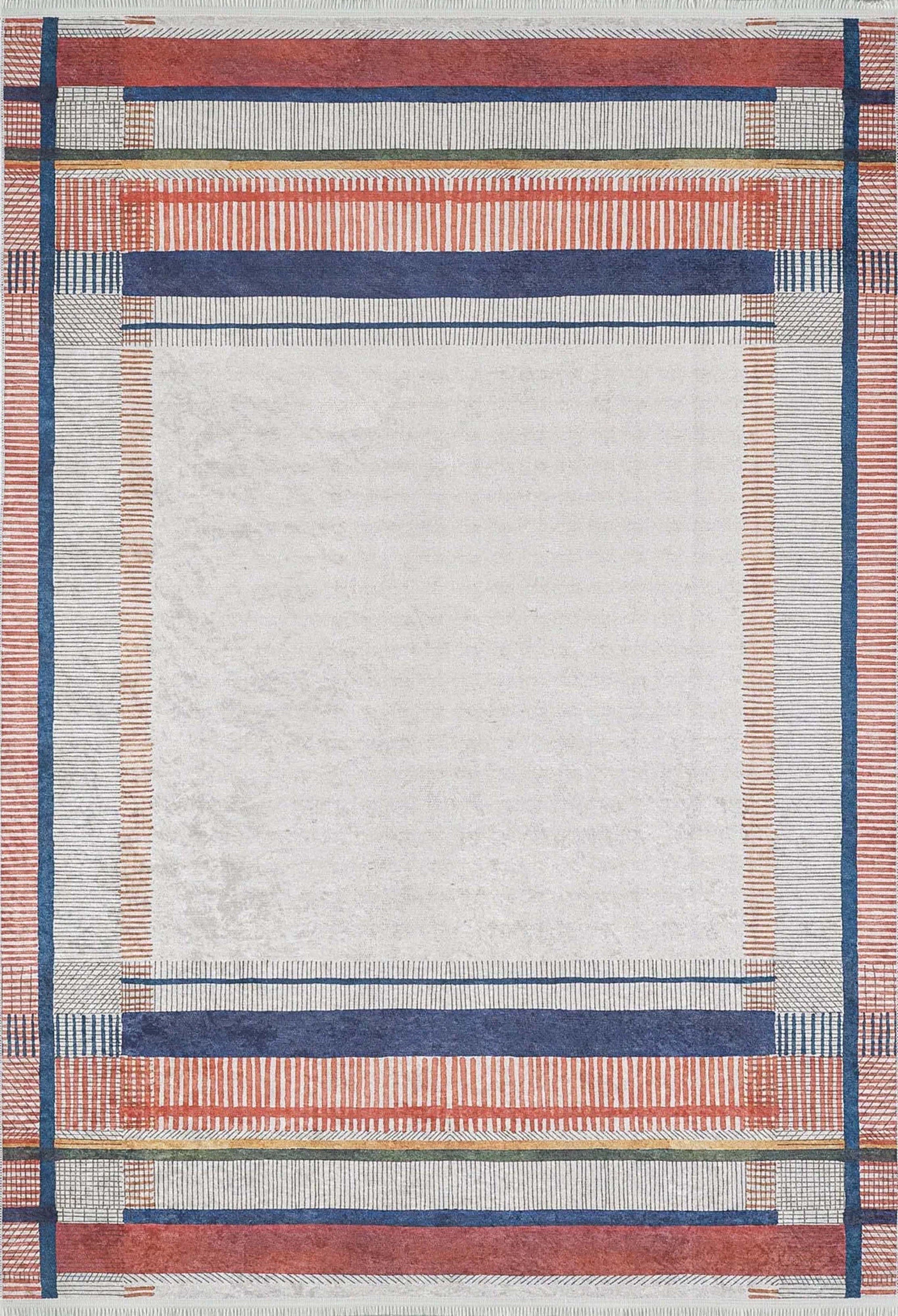 Solla Solid Beige Gray Rug Striped Border Rug
