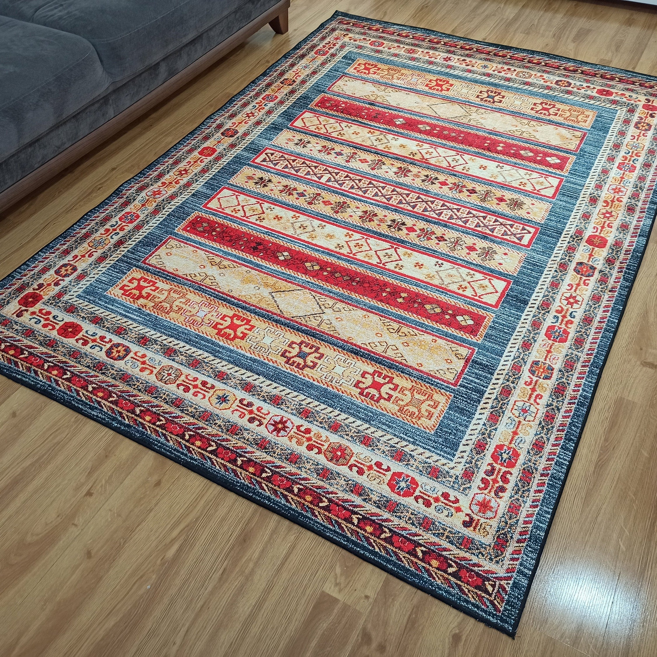 Tala Rug Beige Blue Coral Red Lined Rug
