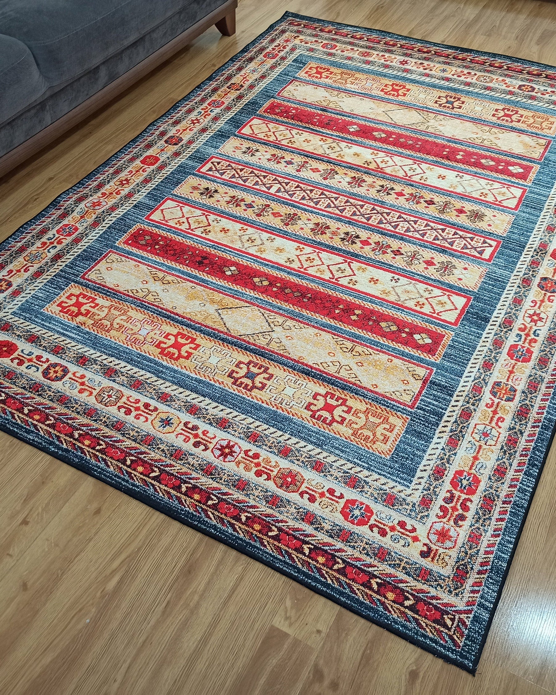 Tala Rug Beige Blue Coral Red Lined Rug