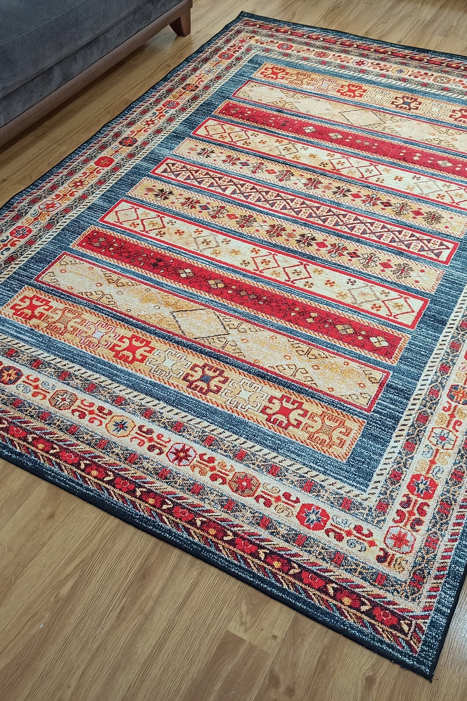 Tala Rug Beige Blue Coral Red Lined Rug
