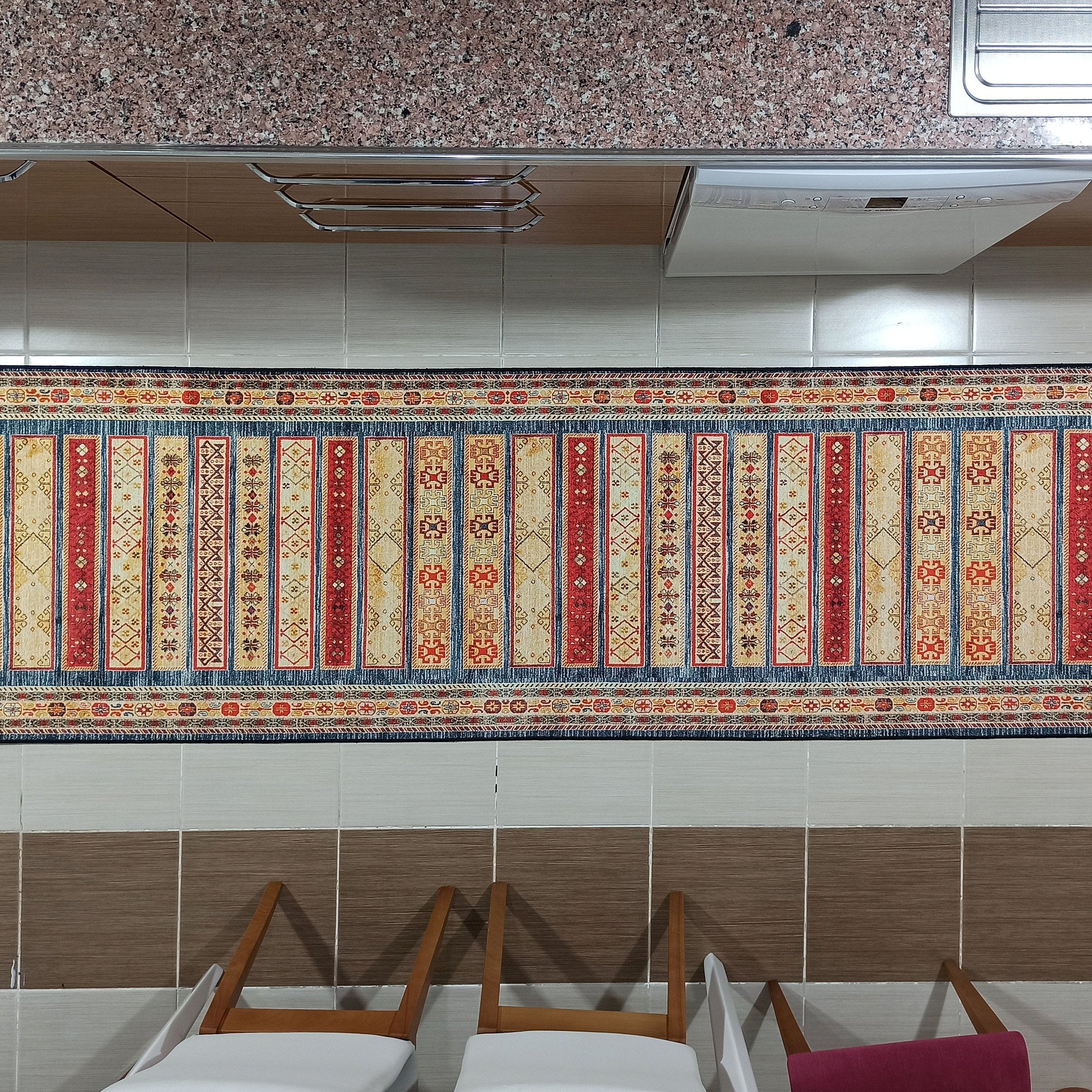 Tala Rug Beige Blue Coral Red Lined Rug