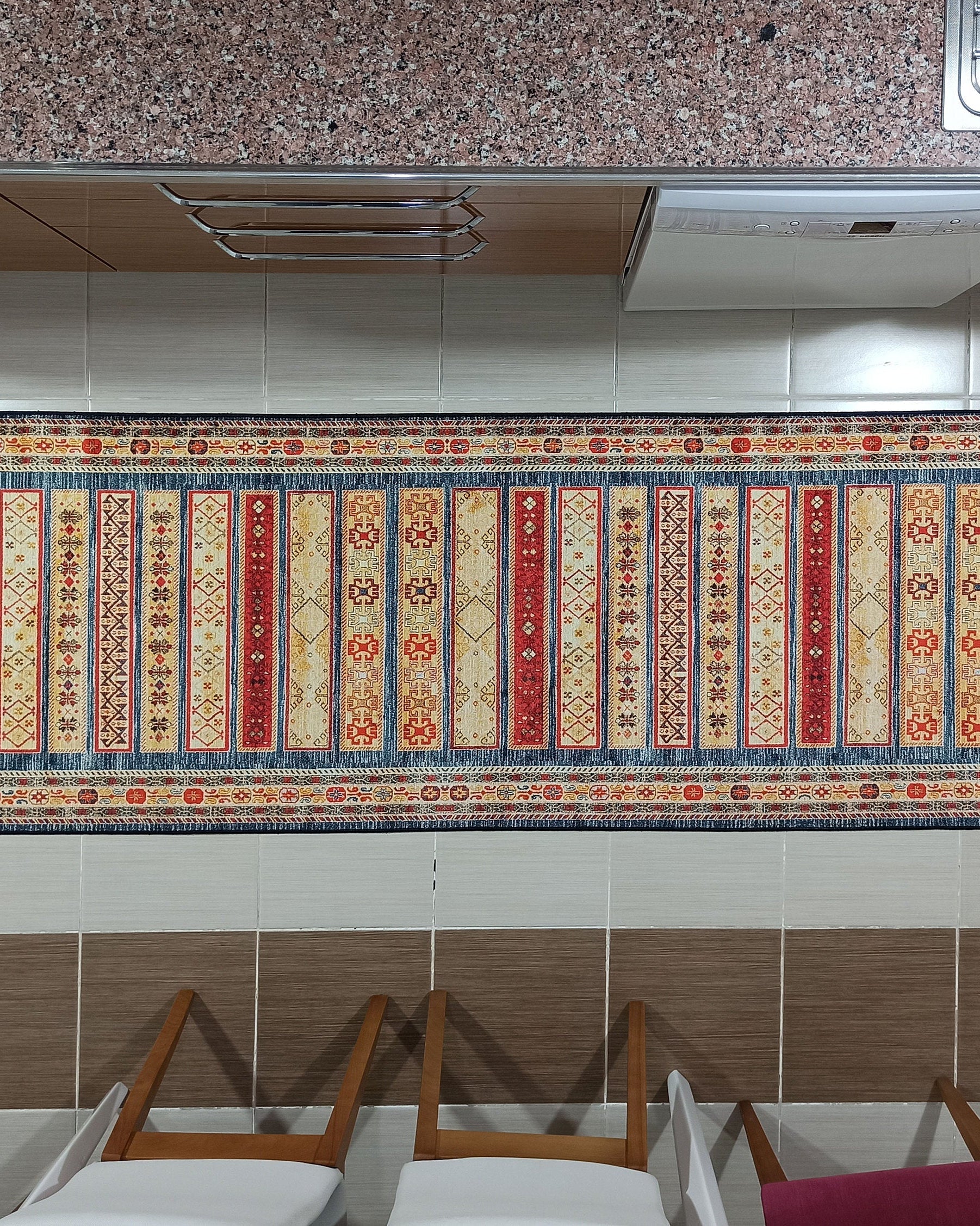 Tala Rug Beige Blue Coral Red Lined Rug