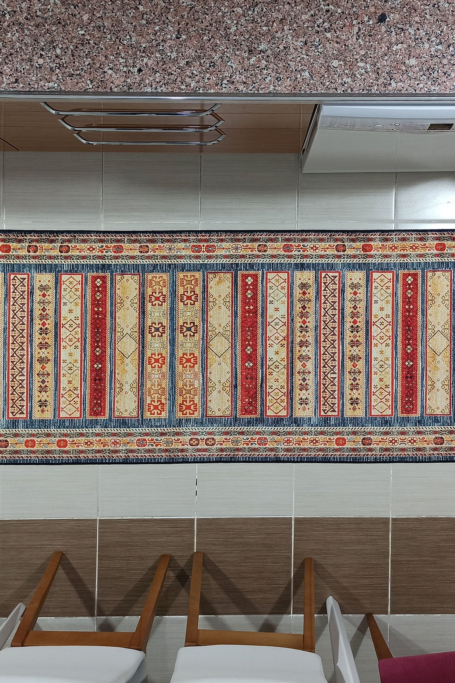 Tala Rug Beige Blue Coral Red Lined Rug