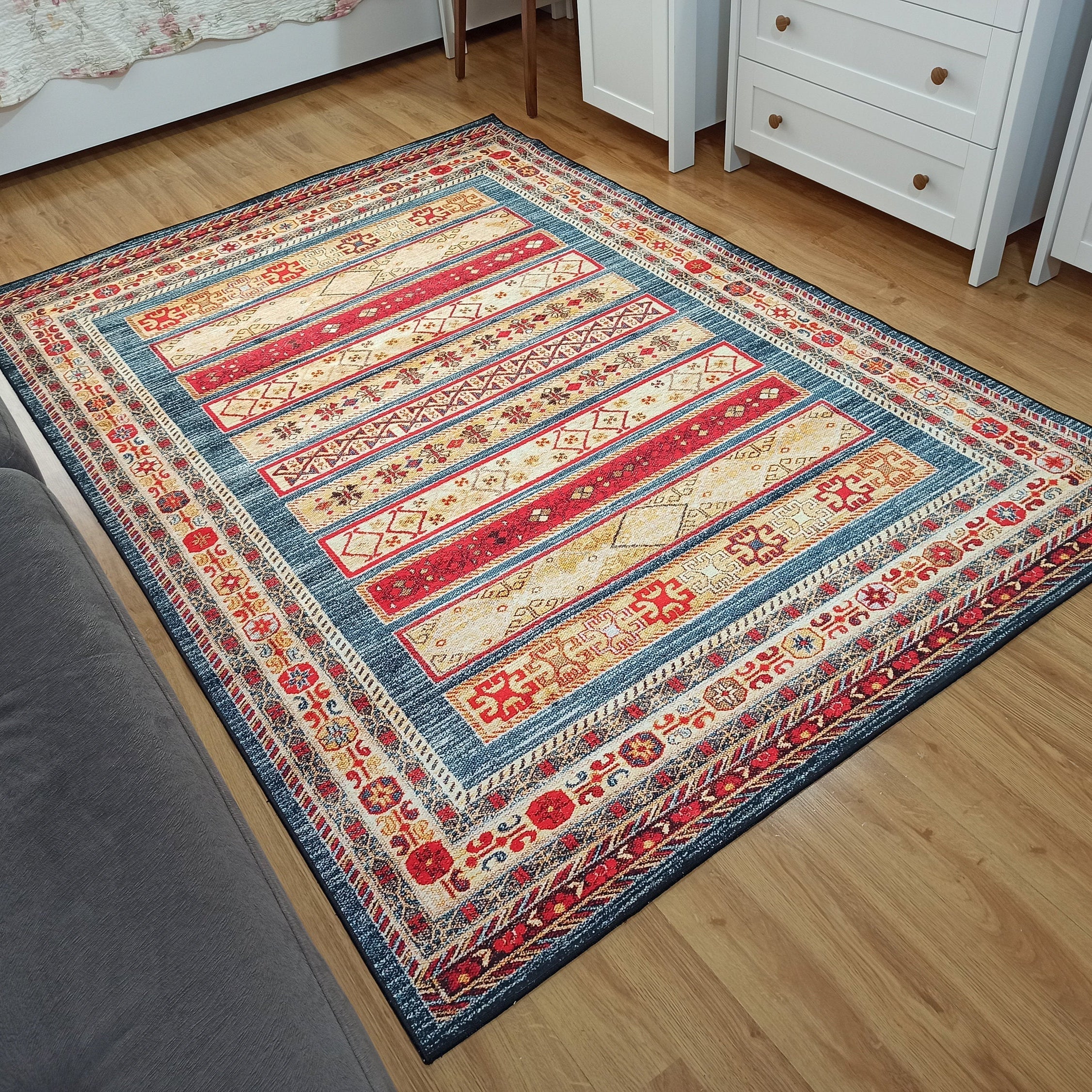 Tala Rug Beige Blue Coral Red Lined Rug