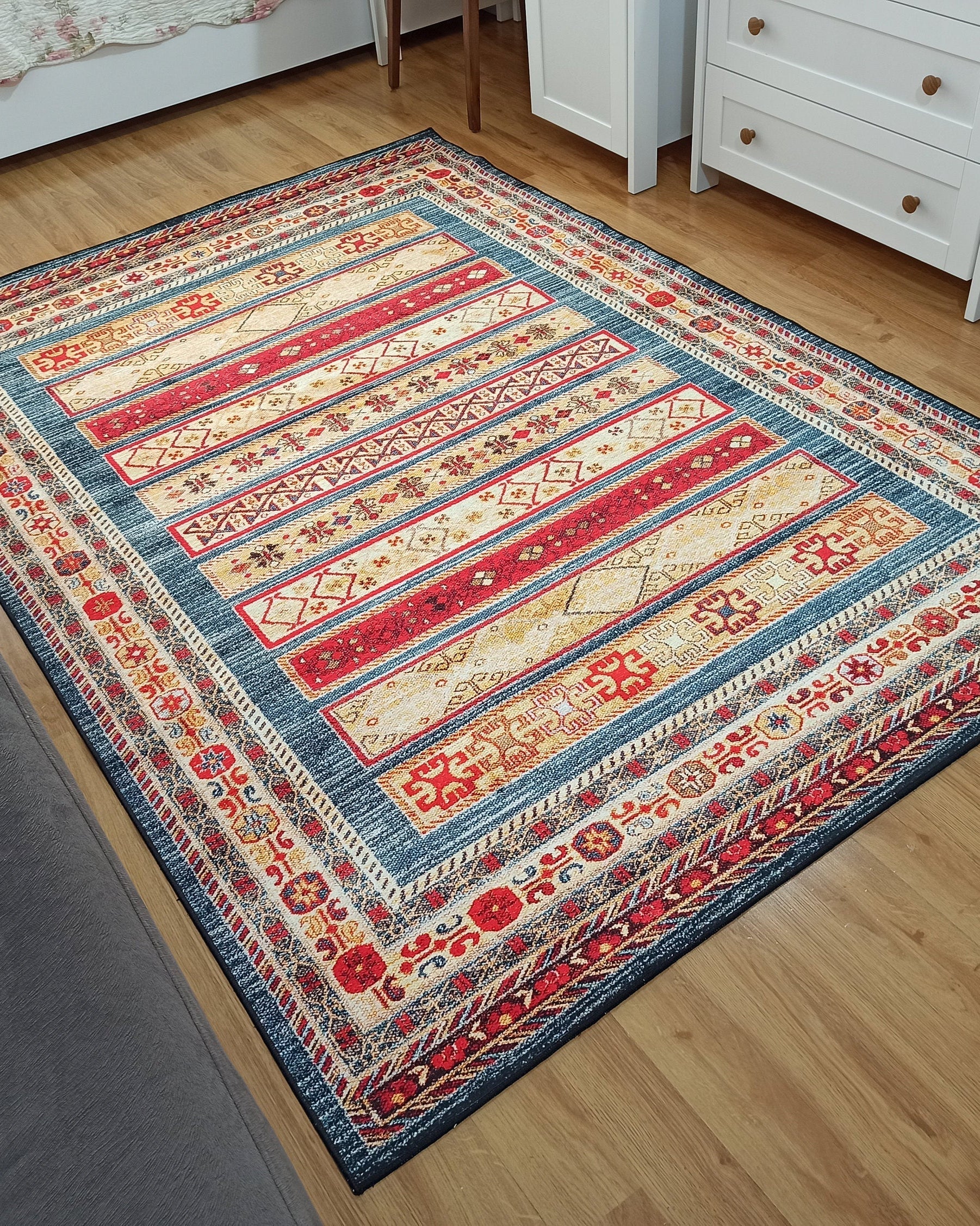 Tala Rug Beige Blue Coral Red Lined Rug